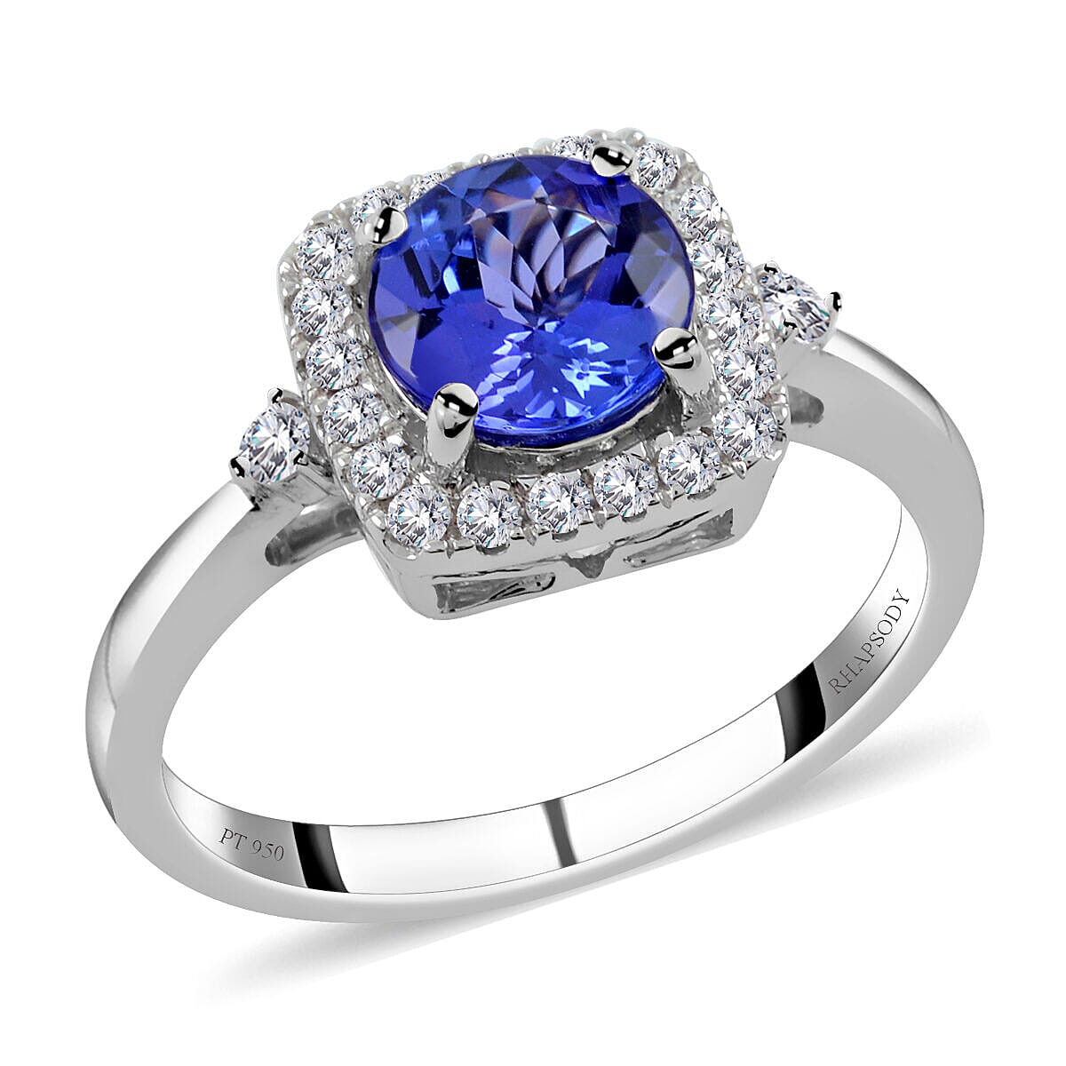 Certified and Appraised RHAPSODY 950 Platinum AAAA Tanzanite and Diamond VS EF Ring Platinum 5.69 grams, 1.80 Ct