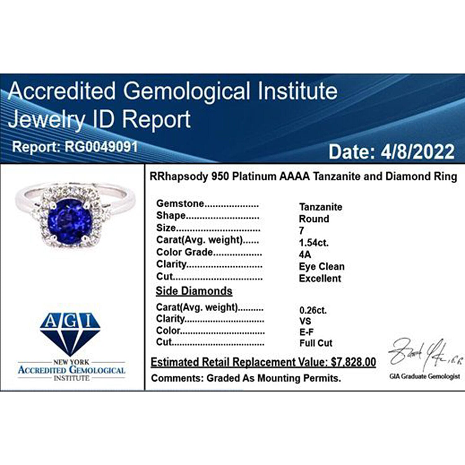 Certified and Appraised RHAPSODY 950 Platinum AAAA Tanzanite and Diamond VS EF Ring Platinum 5.69 grams, 1.80 Ct