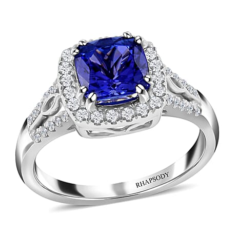Certified and Appraised RHAPSODY 950 Platinum AAAA Tanzanite and VS EF Diamond Halo Ring Platinum 6.59 grams, 2.10 Ct