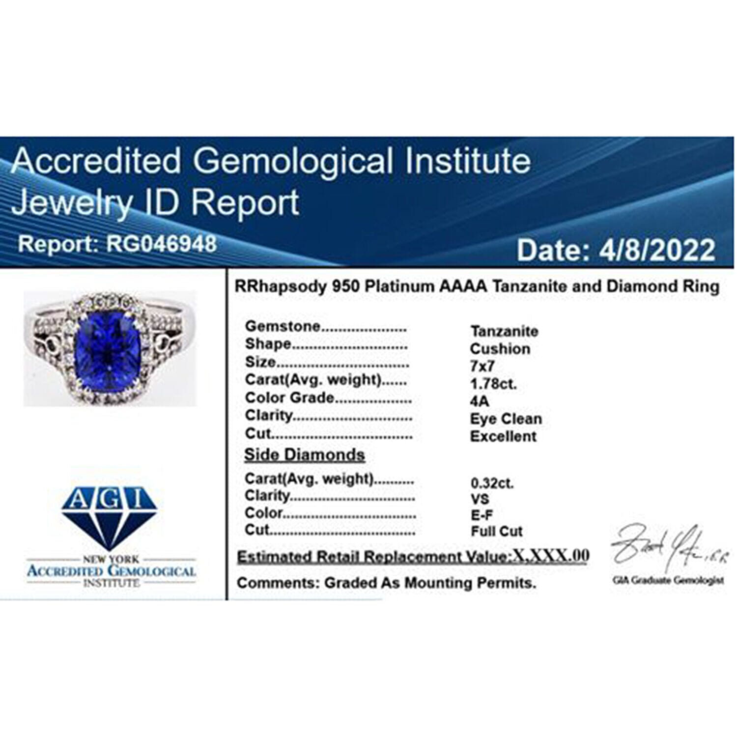 Certified and Appraised RHAPSODY 950 Platinum AAAA Tanzanite and VS EF Diamond Halo Ring Platinum 6.59 grams, 2.10 Ct Certified and Appraised RHAPSODY 950 Platinum AAAA Tanzanite and VS EF Diamond Halo Ring Platinum 6.59 grams, 2.10 Ct