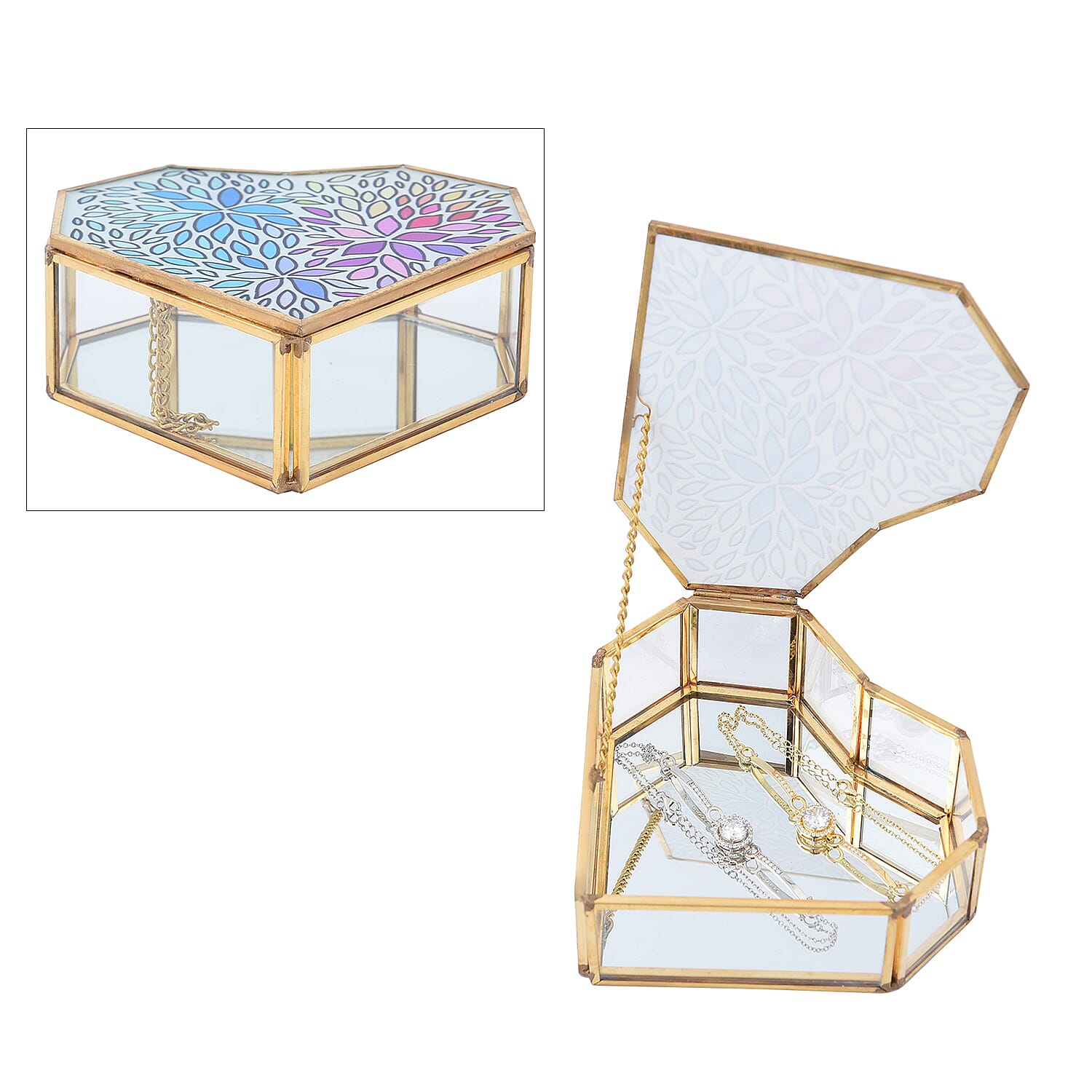 Heart Shaped Floral Pattern Jewellery Box - Blue, Purple & Yellow
