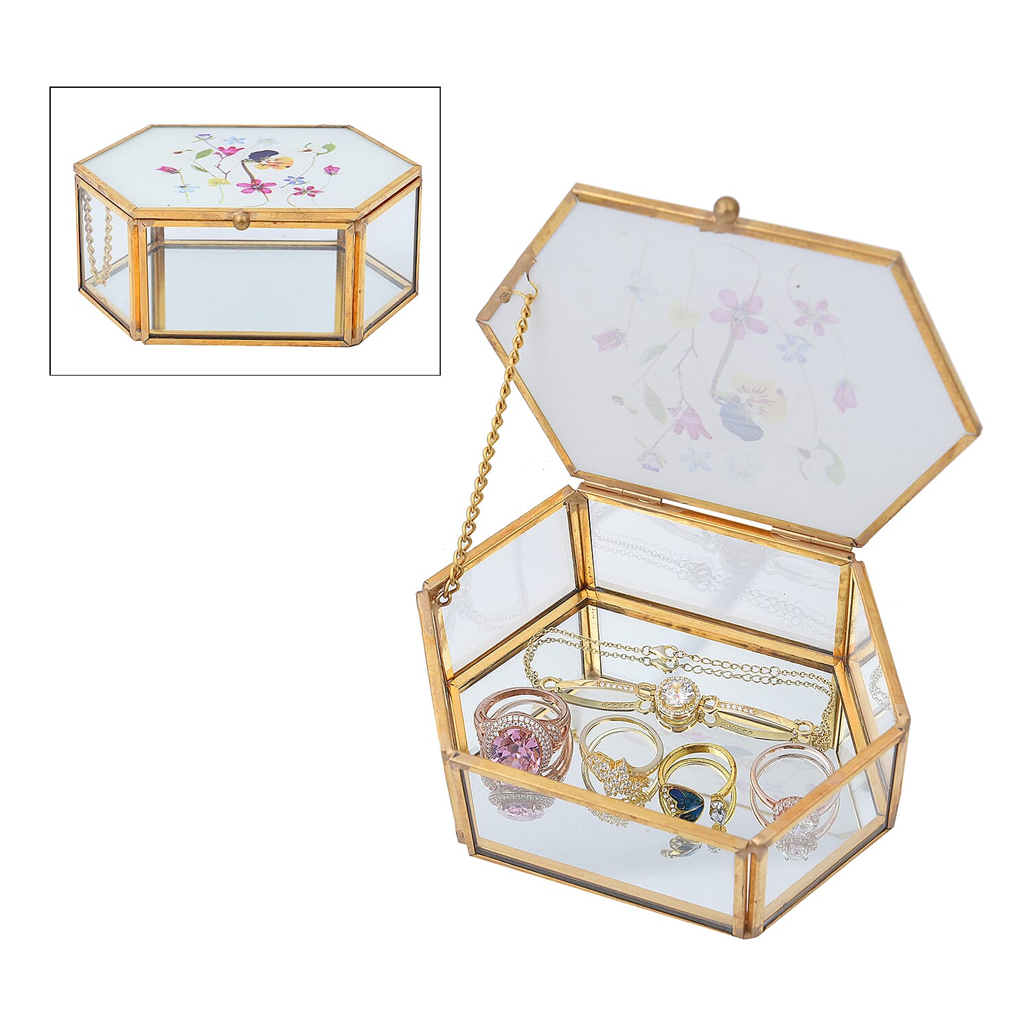 Hexagon Shaped Floral Pattern Jewellery Box - White, Yellow & Red