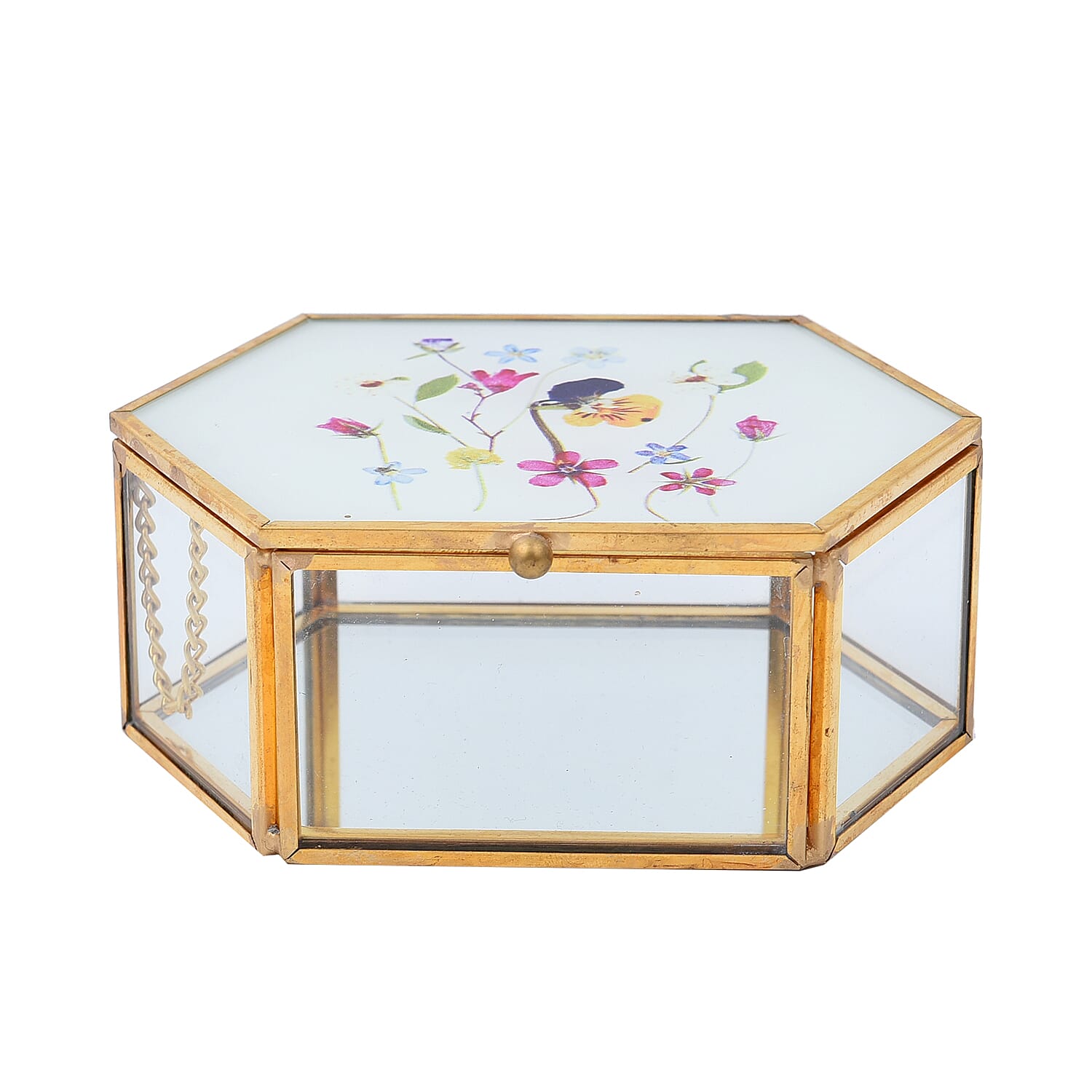 Hexagon Shaped Floral Pattern Jewellery Box - White, Yellow & Red