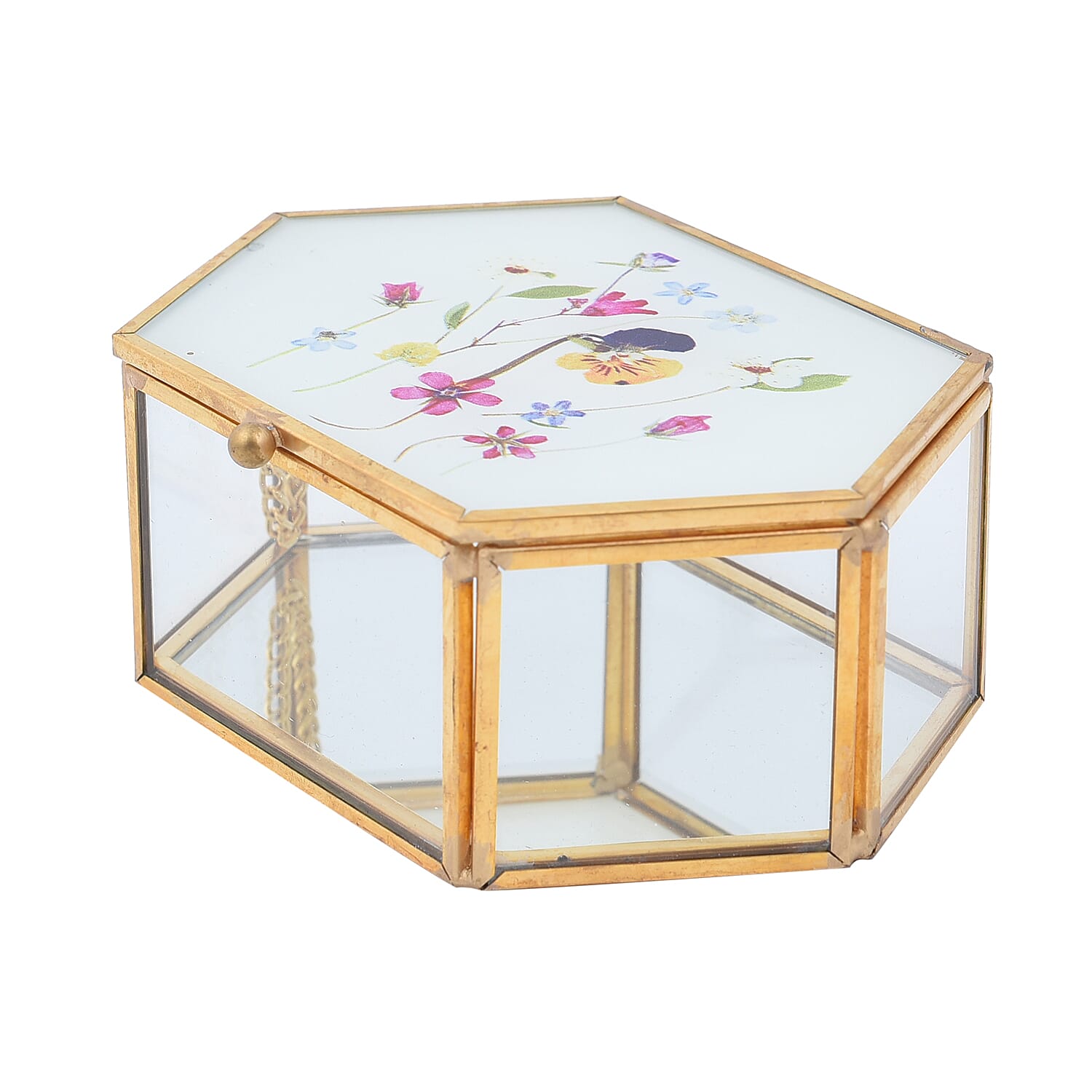 Hexagon Shaped Floral Pattern Jewellery Box - White, Yellow & Red