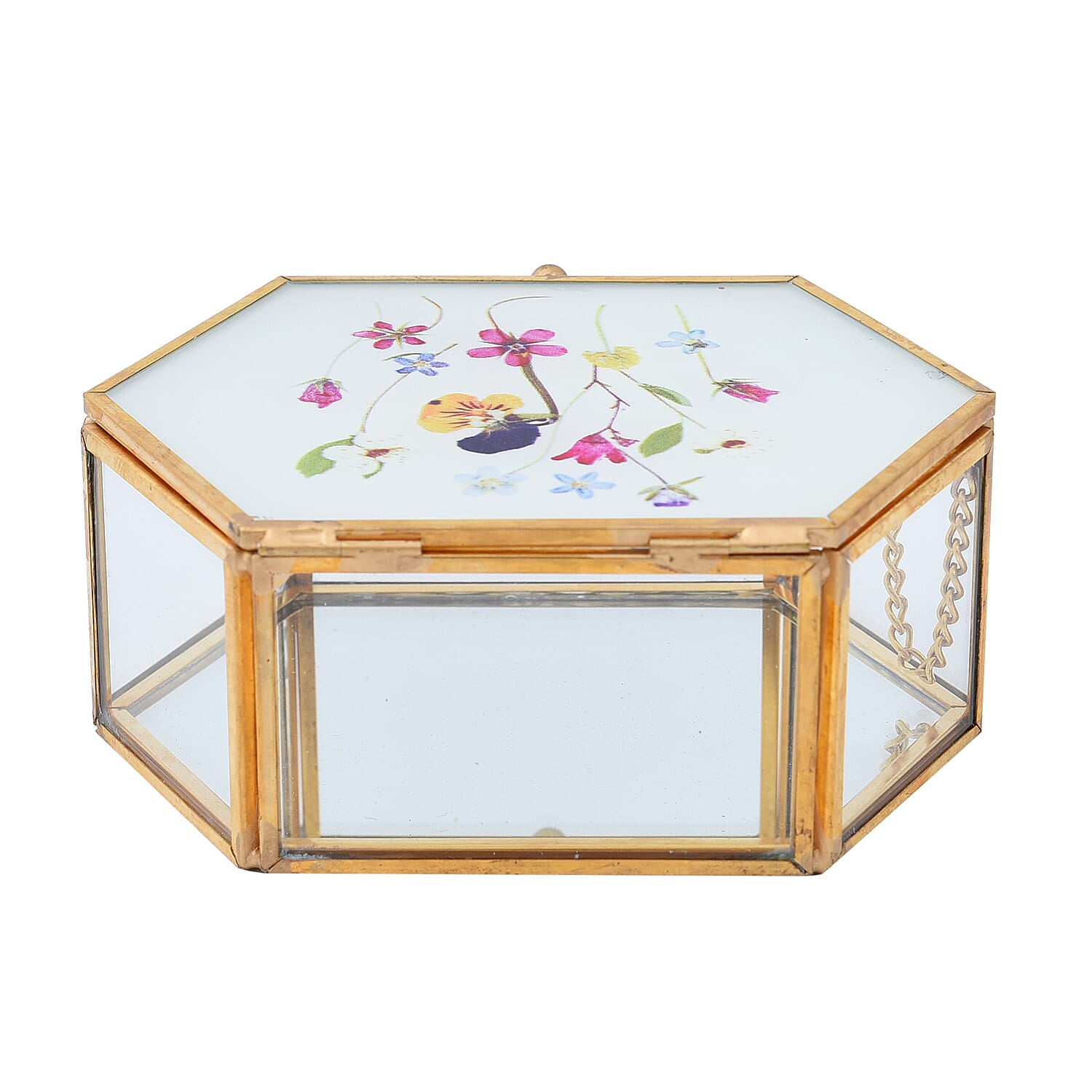 Hexagon Shaped Floral Pattern Jewellery Box - White, Yellow & Red