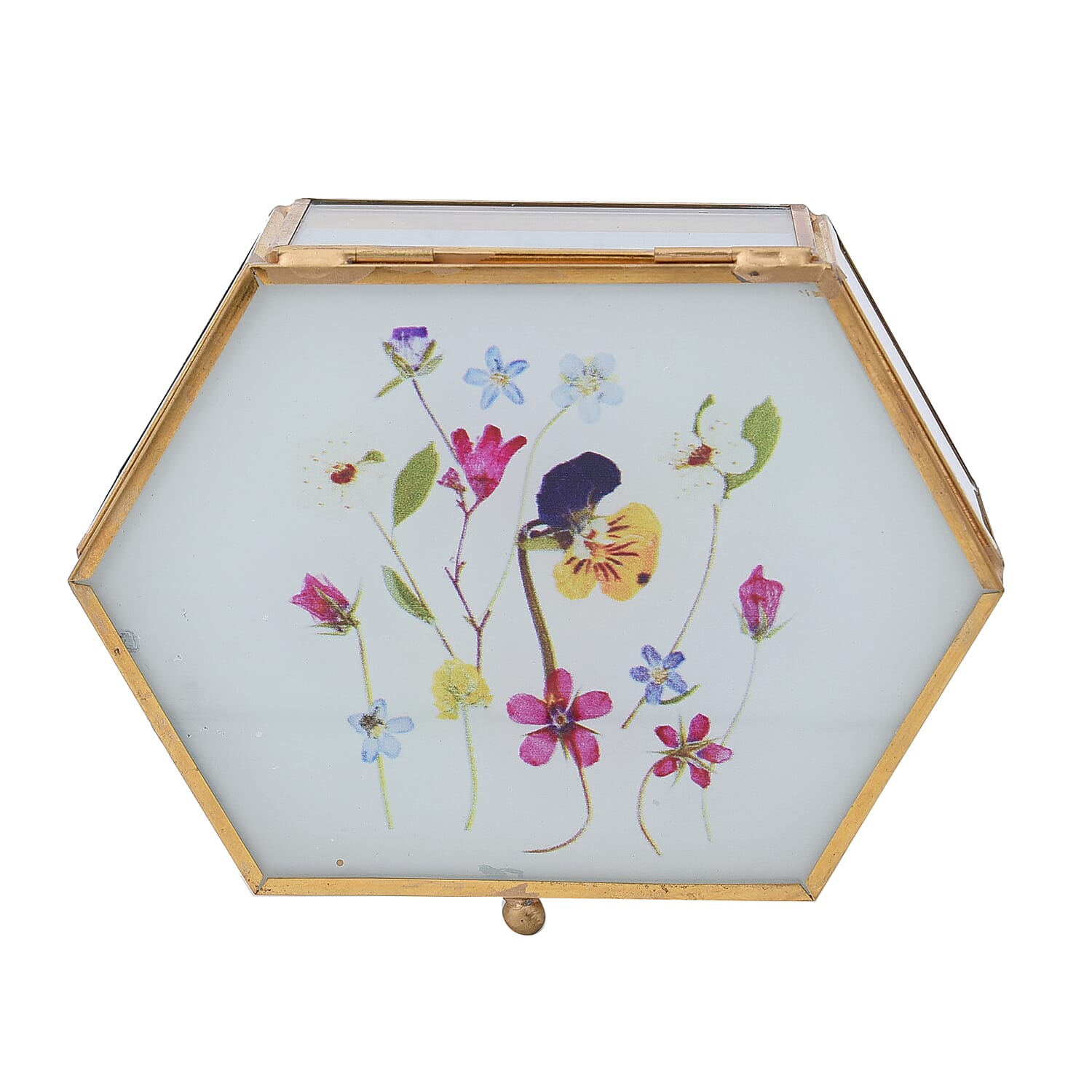 Hexagon Shaped Floral Pattern Jewellery Box - White, Yellow & Red