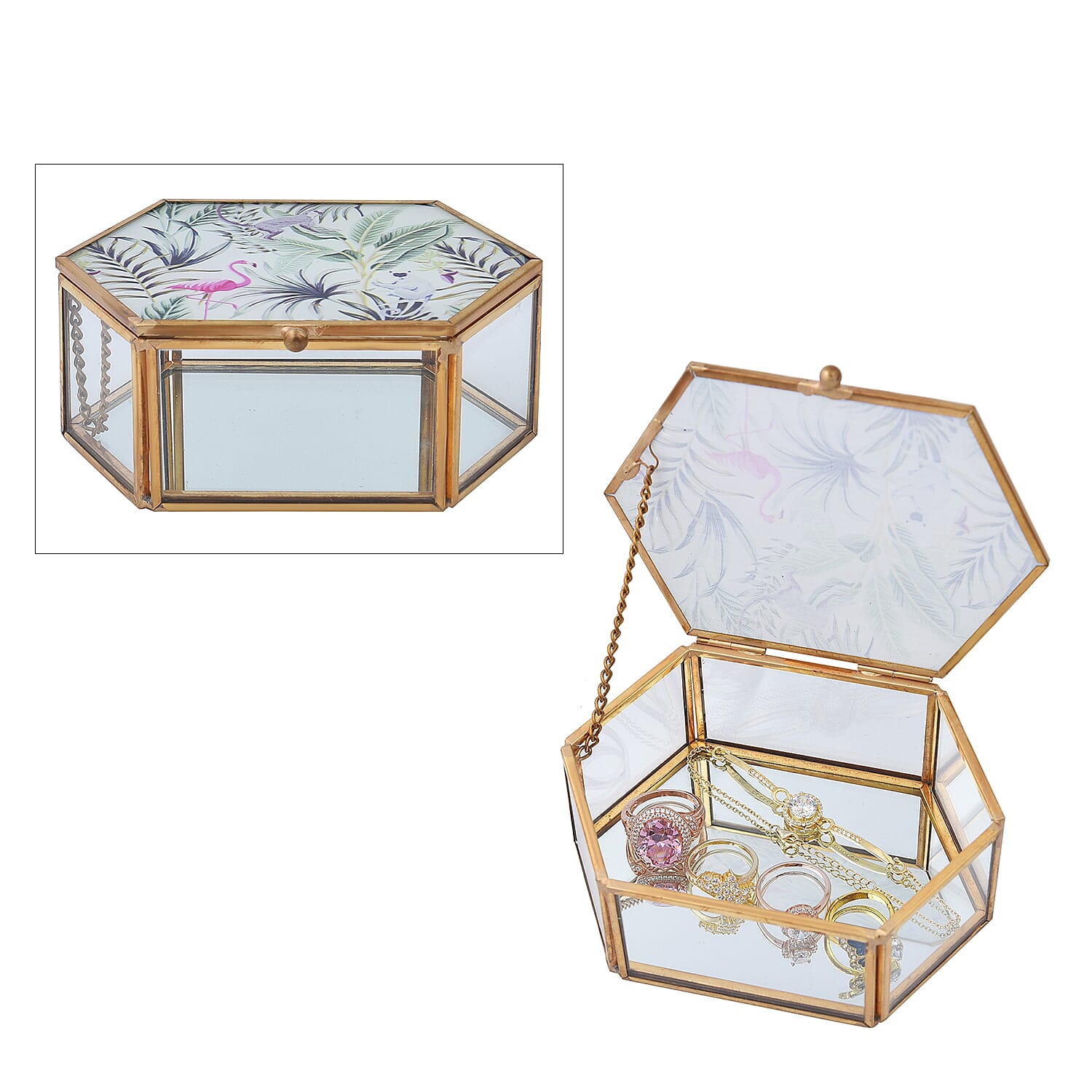 Hexagon Shaped Tropical Pattern Jewellery Box (Size 12x8x5 Cm) - Red, Green & Grey