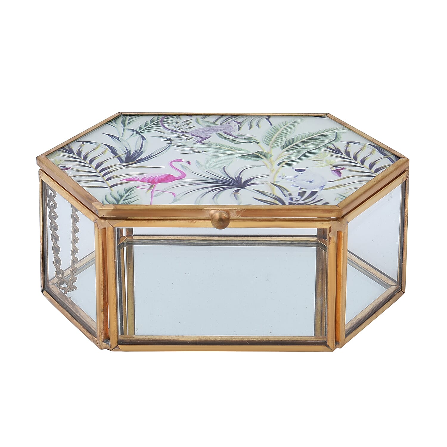 Hexagon Shaped Tropical Pattern Jewellery Box (Size 12x8x5 Cm) - Red, Green & Grey