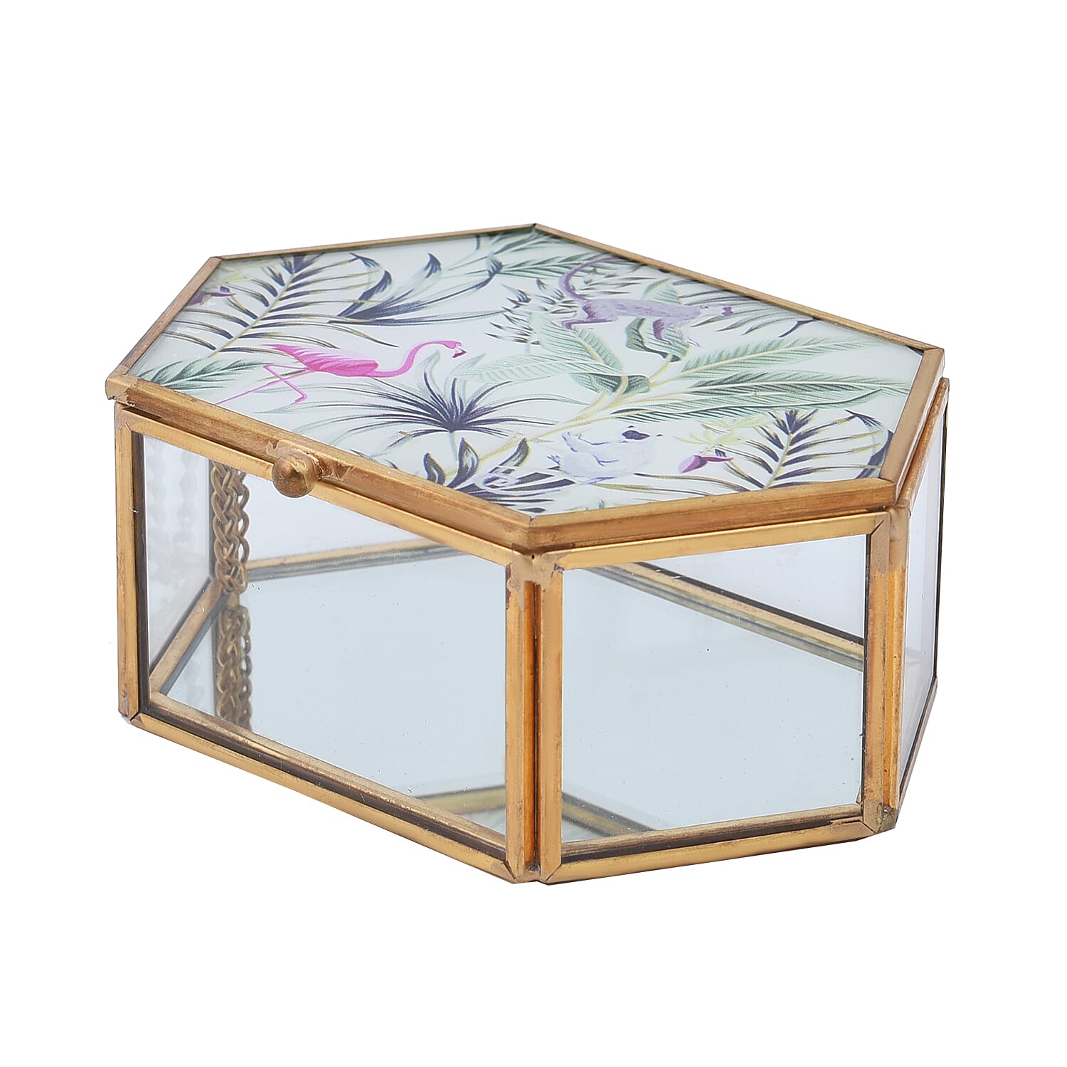 Hexagon Shaped Tropical Pattern Jewellery Box (Size 12x8x5 Cm) - Red, Green & Grey