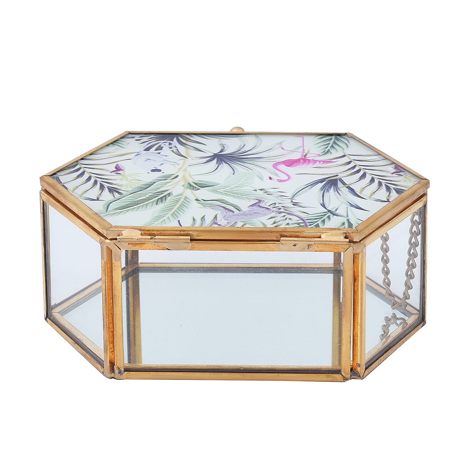 Hexagon Shaped Tropical Pattern Jewellery Box (Size 12x8x5 Cm) - Red, Green & Grey