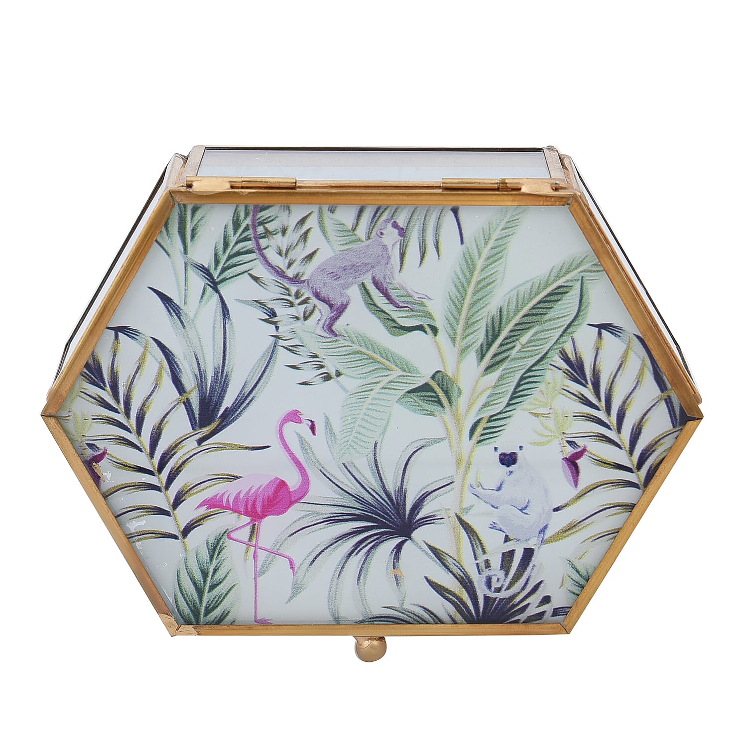 Hexagon Shaped Tropical Pattern Jewellery Box (Size 12x8x5 Cm) - Red, Green & Grey