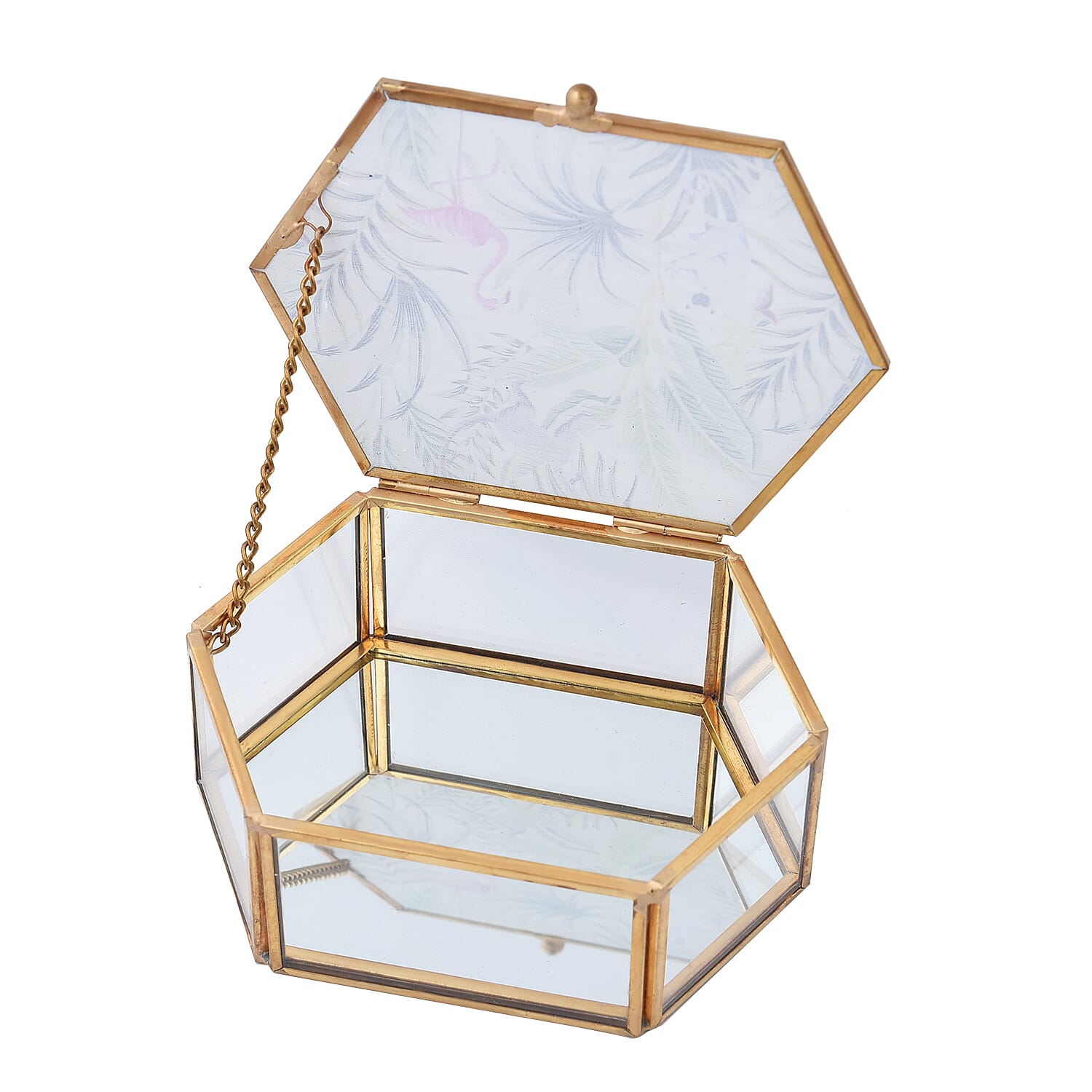 Hexagon Shaped Tropical Pattern Jewellery Box (Size 12x8x5 Cm) - Red, Green & Grey