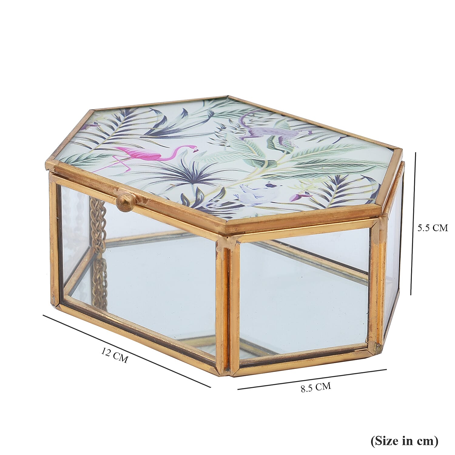 Hexagon Shaped Tropical Pattern Jewellery Box (Size 12x8x5 Cm) - Red, Green & Grey