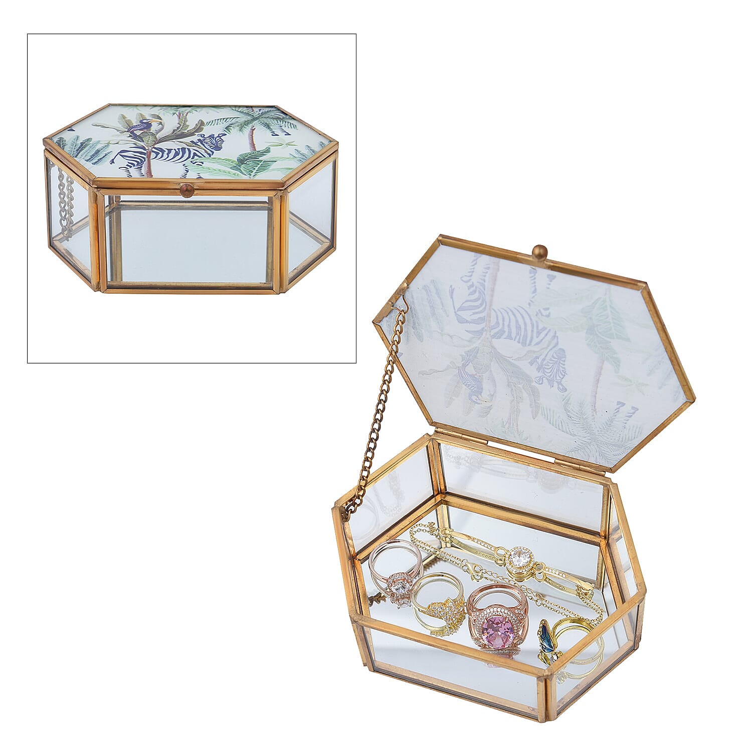 Hexagon Shaped Tropical Pattern Jewellery Box (Size 12x8x5 Cm) - Green & Blue