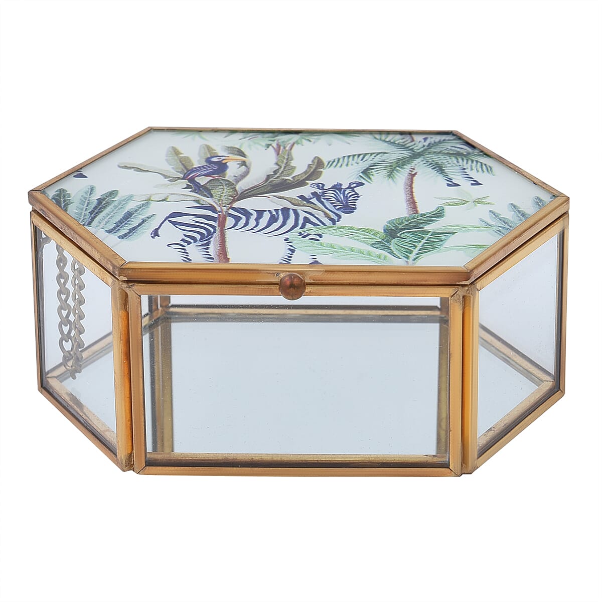 Hexagon Shaped Tropical Pattern Jewellery Box (Size 12x8x5 Cm) - Green & Blue