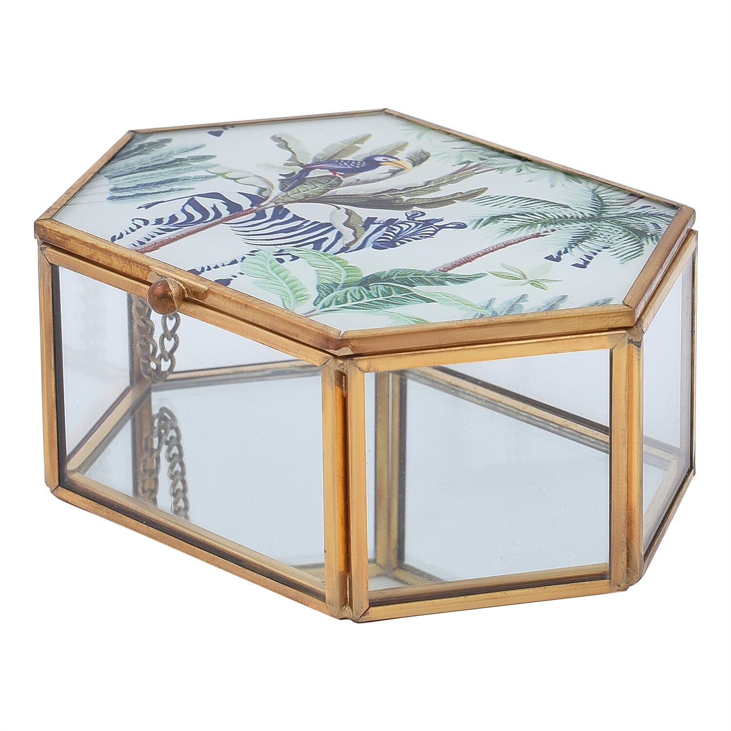 Hexagon Shaped Tropical Pattern Jewellery Box (Size 12x8x5 Cm) - Green & Blue