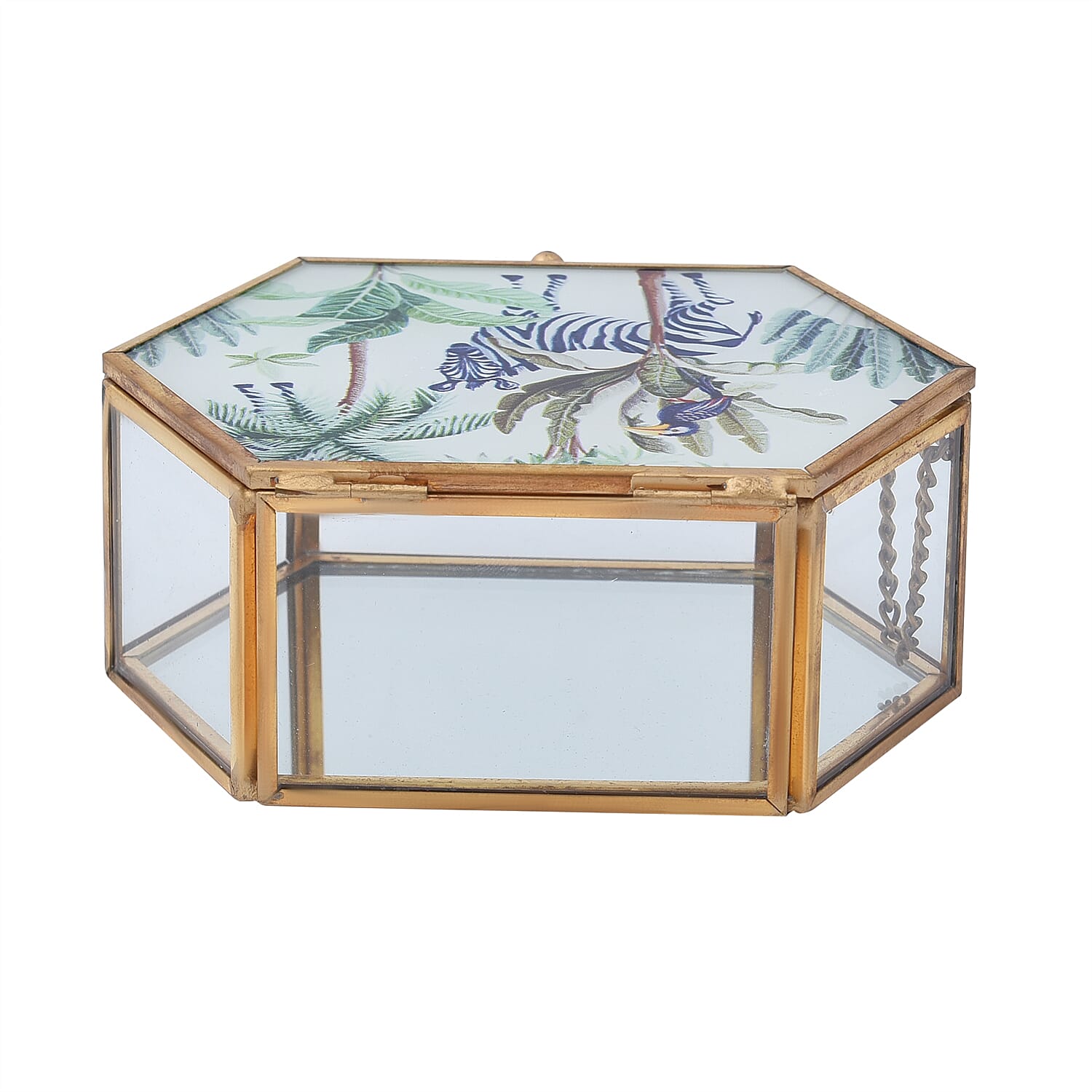 Hexagon Shaped Tropical Pattern Jewellery Box (Size 12x8x5 Cm) - Green & Blue