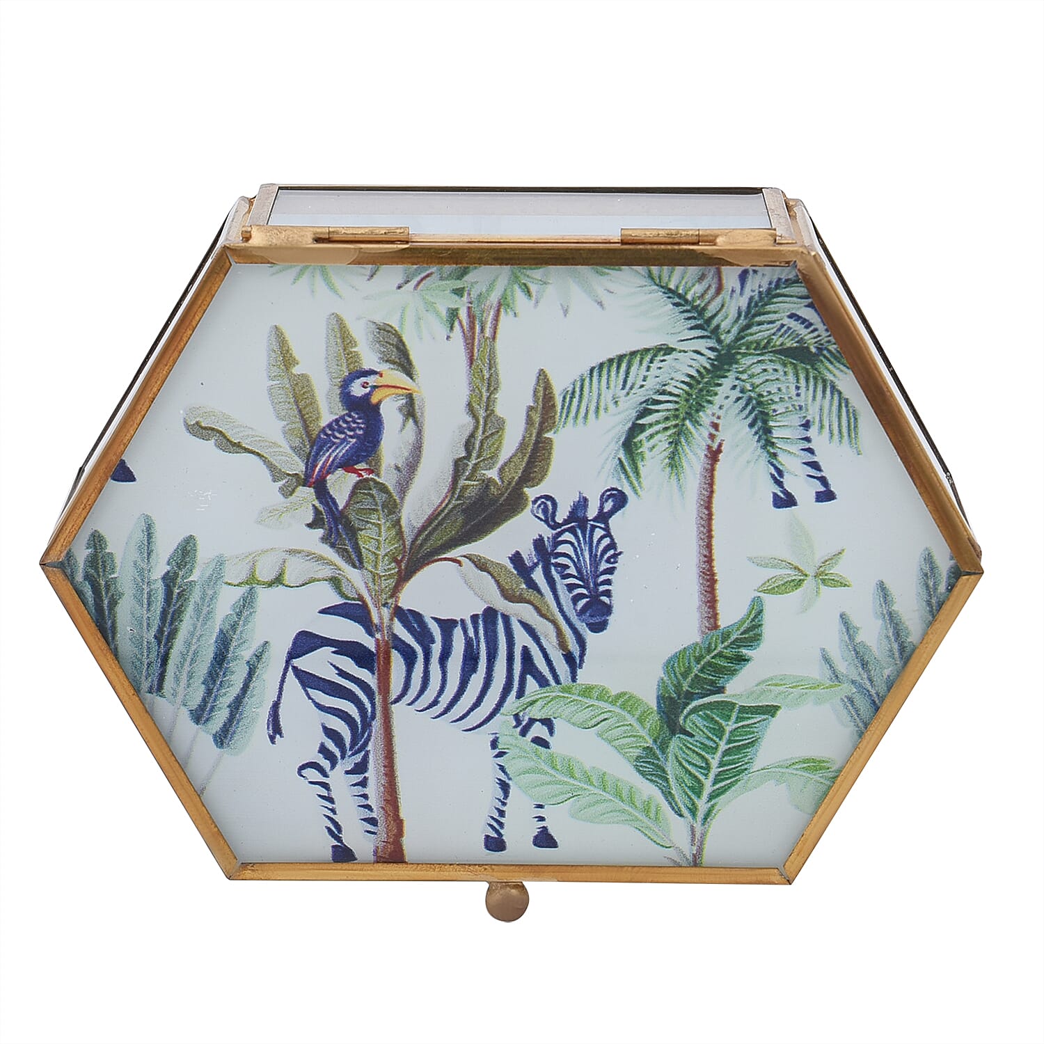 Hexagon Shaped Tropical Pattern Jewellery Box (Size 12x8x5 Cm) - Green & Blue