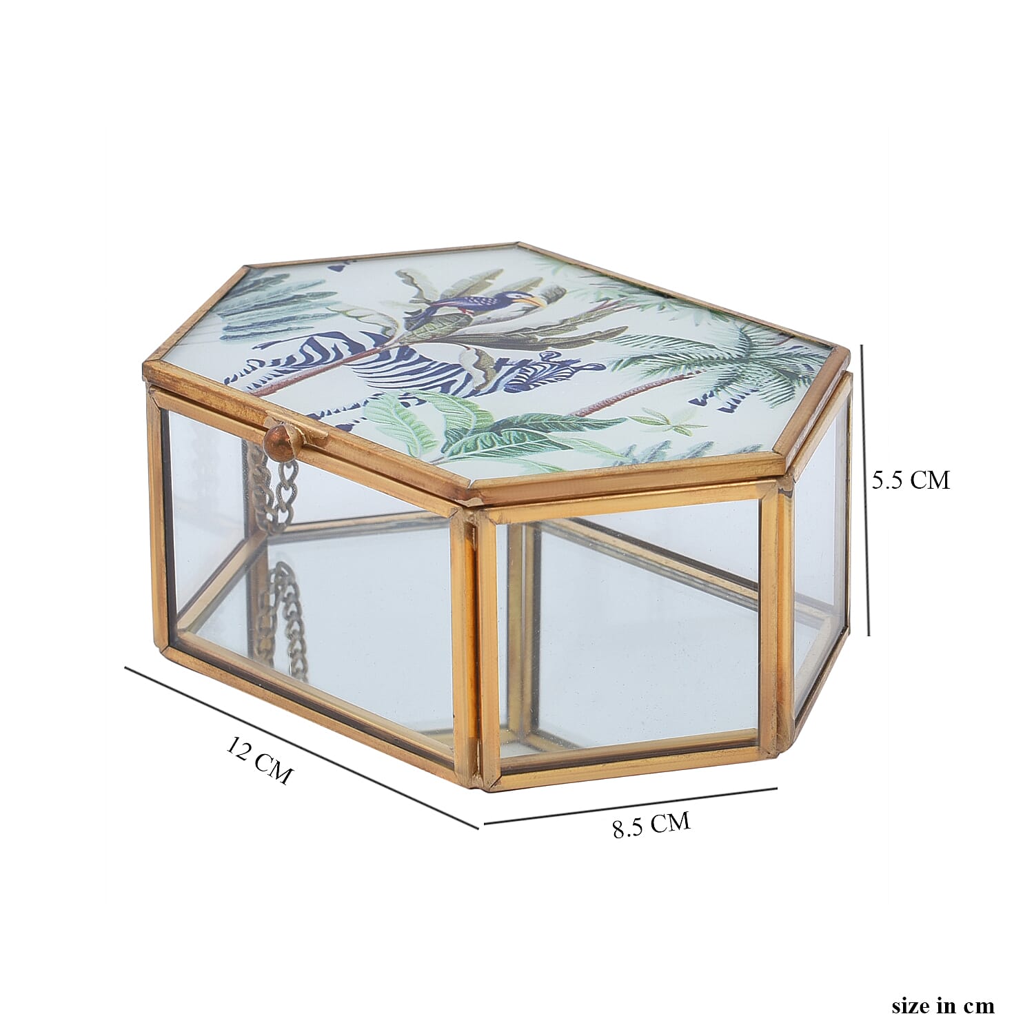 Hexagon Shaped Tropical Pattern Jewellery Box (Size 12x8x5 Cm) - Green & Blue