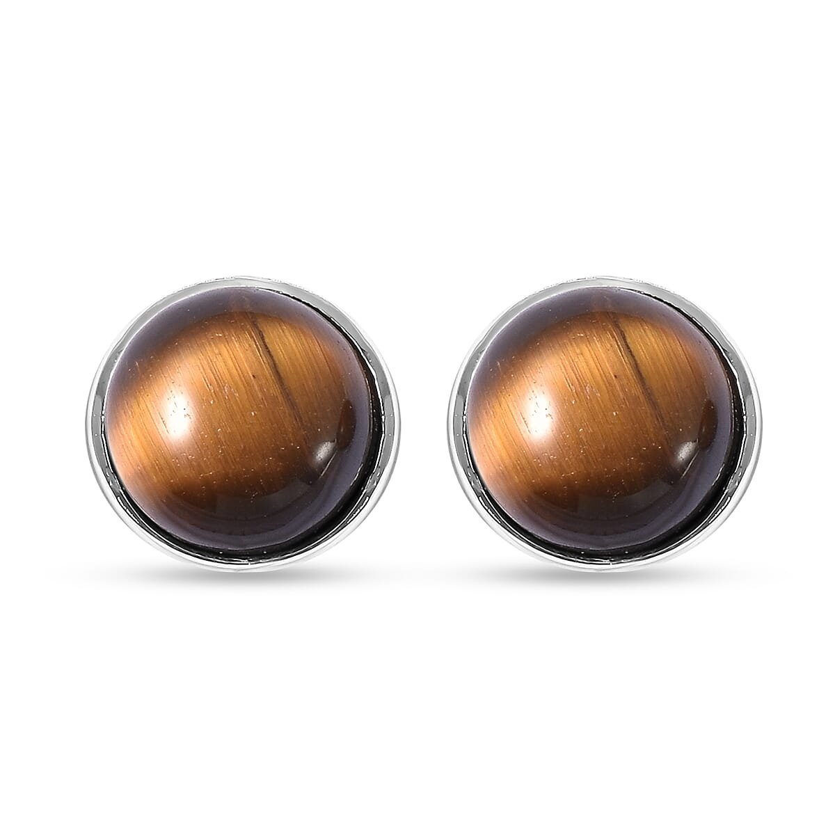 Yellow Tiger Eye Stud Earrings (with Push Back) in Rhodium Overlay Sterling Silver