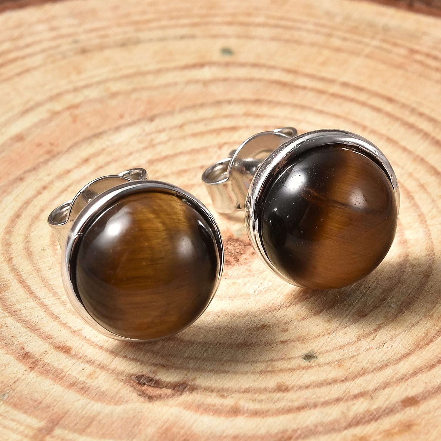 Yellow Tiger Eye Stud Earrings (with Push Back) in Rhodium Overlay Sterling Silver