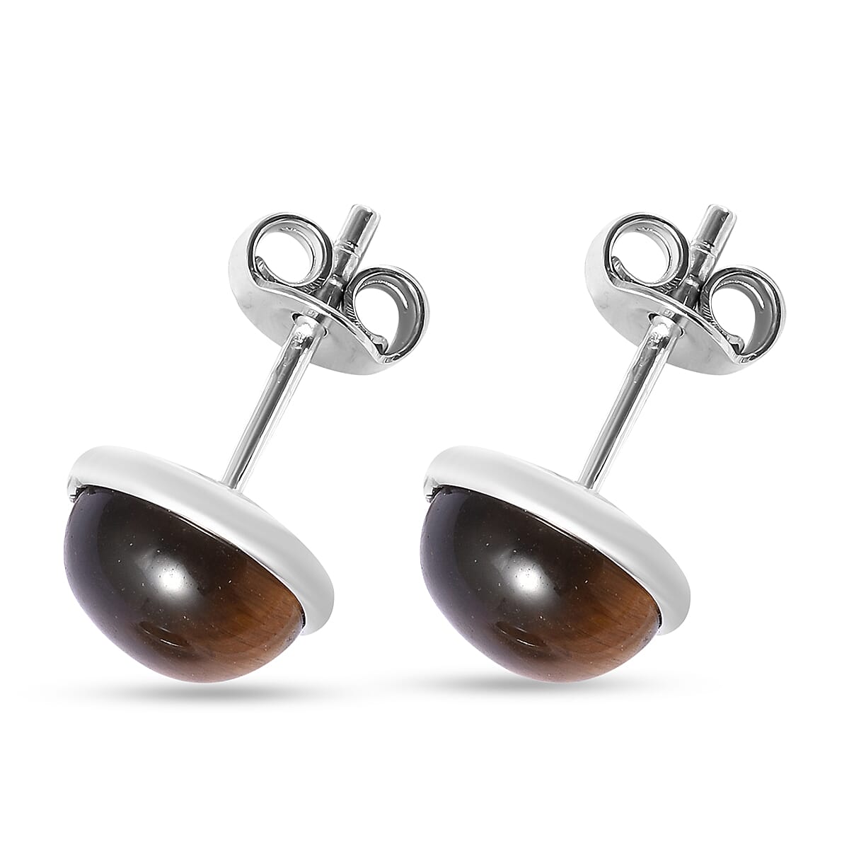 Yellow Tiger Eye Stud Earrings (with Push Back) in Rhodium Overlay Sterling Silver