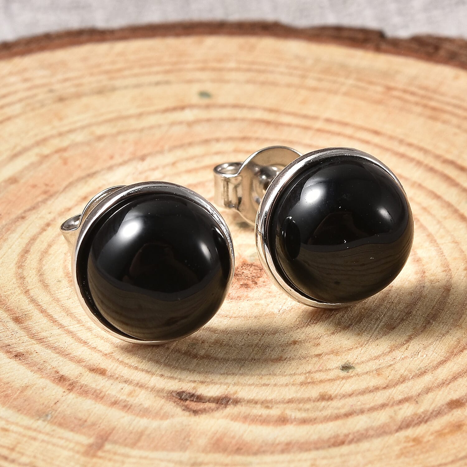 Black Onyx Stud Earrings (with Push Back) in Rhodium Overlay Sterling Silver