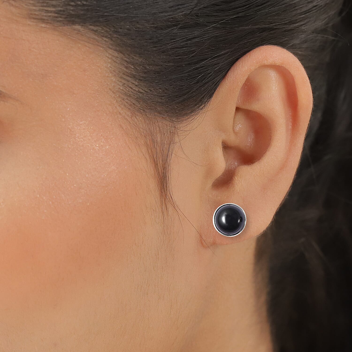 Black Onyx Stud Earrings (with Push Back) in Rhodium Overlay Sterling Silver