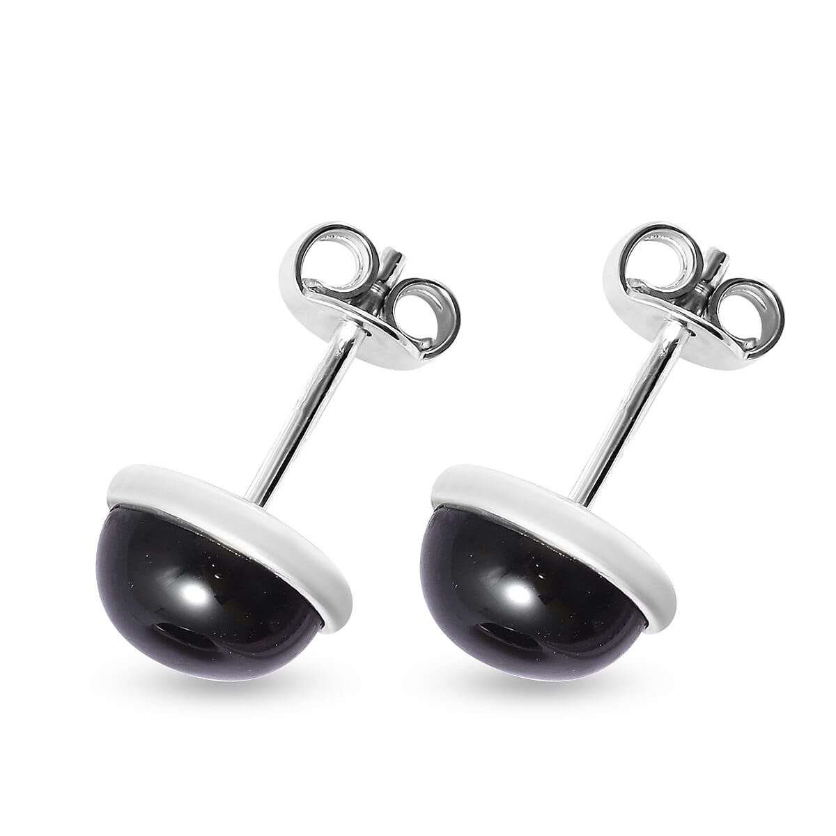 Black Onyx Stud Earrings (with Push Back) in Rhodium Overlay Sterling Silver
