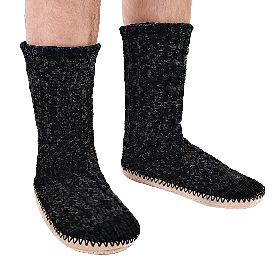 Antislip Indoor Knitted Slippers with Fur Lining (Size S, 3-4) - Black