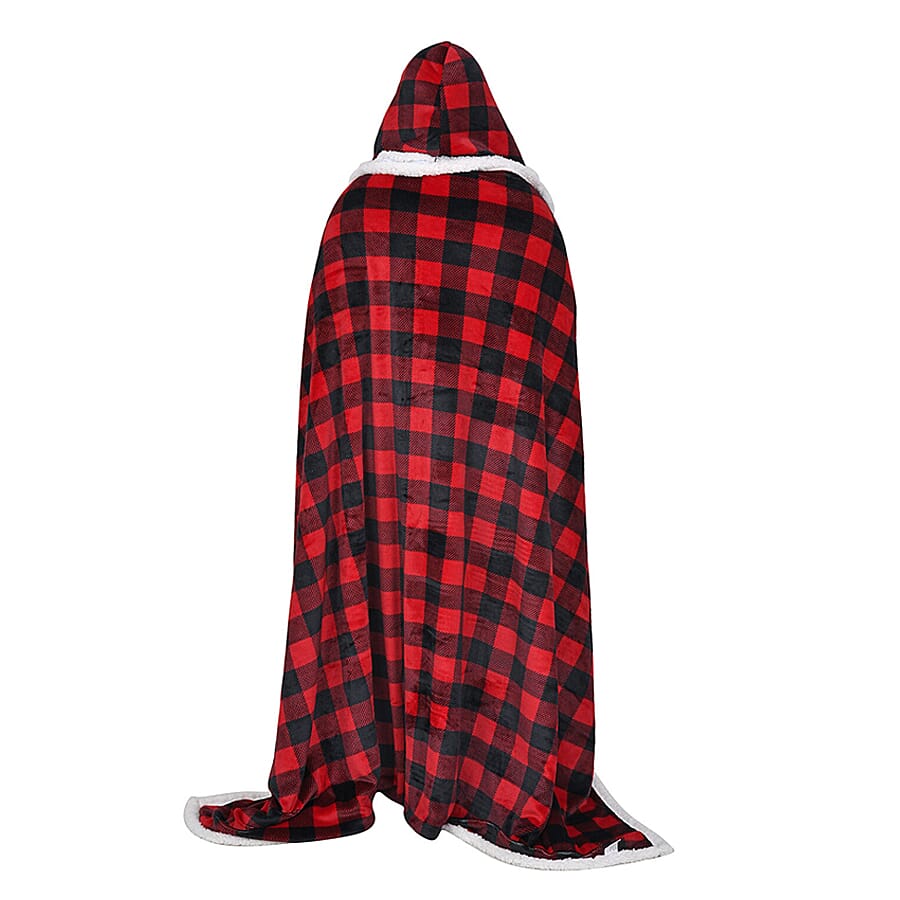 Monster Deal  Christmas Checkered Pattern Hoodie Sherpa Blanket  Red and Black