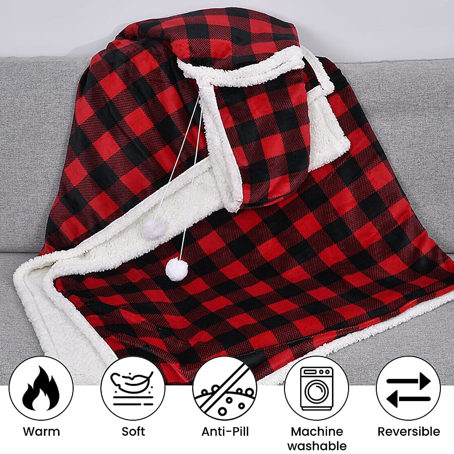 Monster Deal  Christmas Checkered Pattern Hoodie Sherpa Blanket  Red and Black