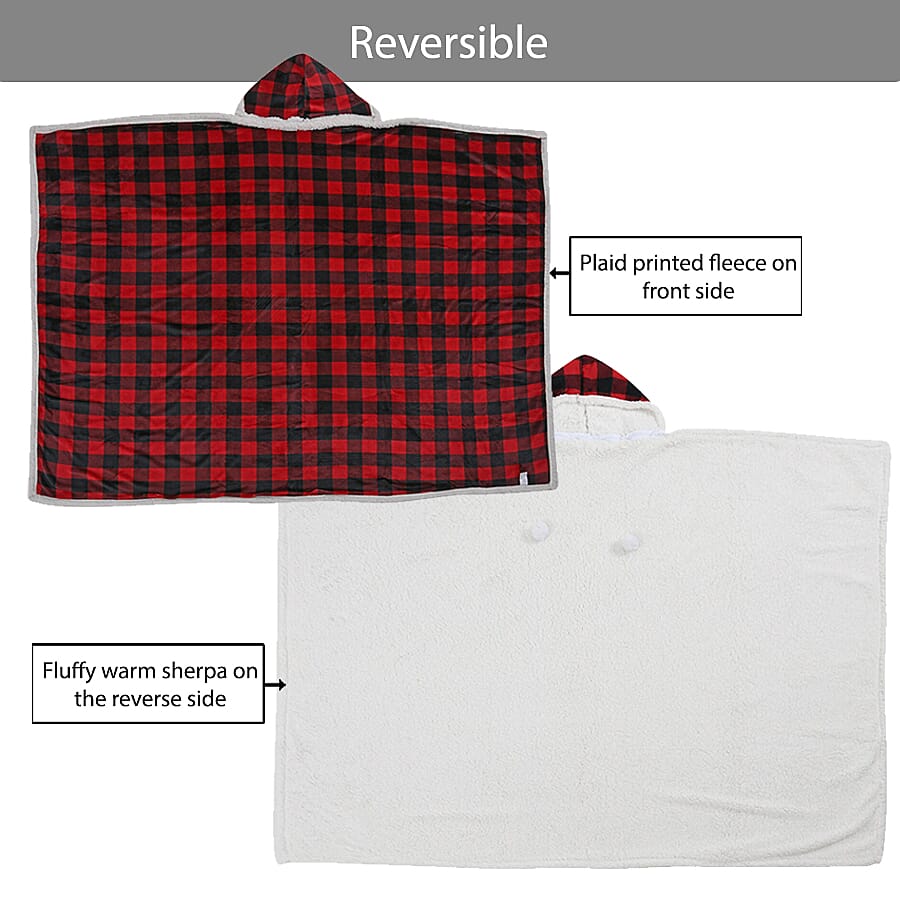 Monster Deal  Christmas Checkered Pattern Hoodie Sherpa Blanket  Red and Black