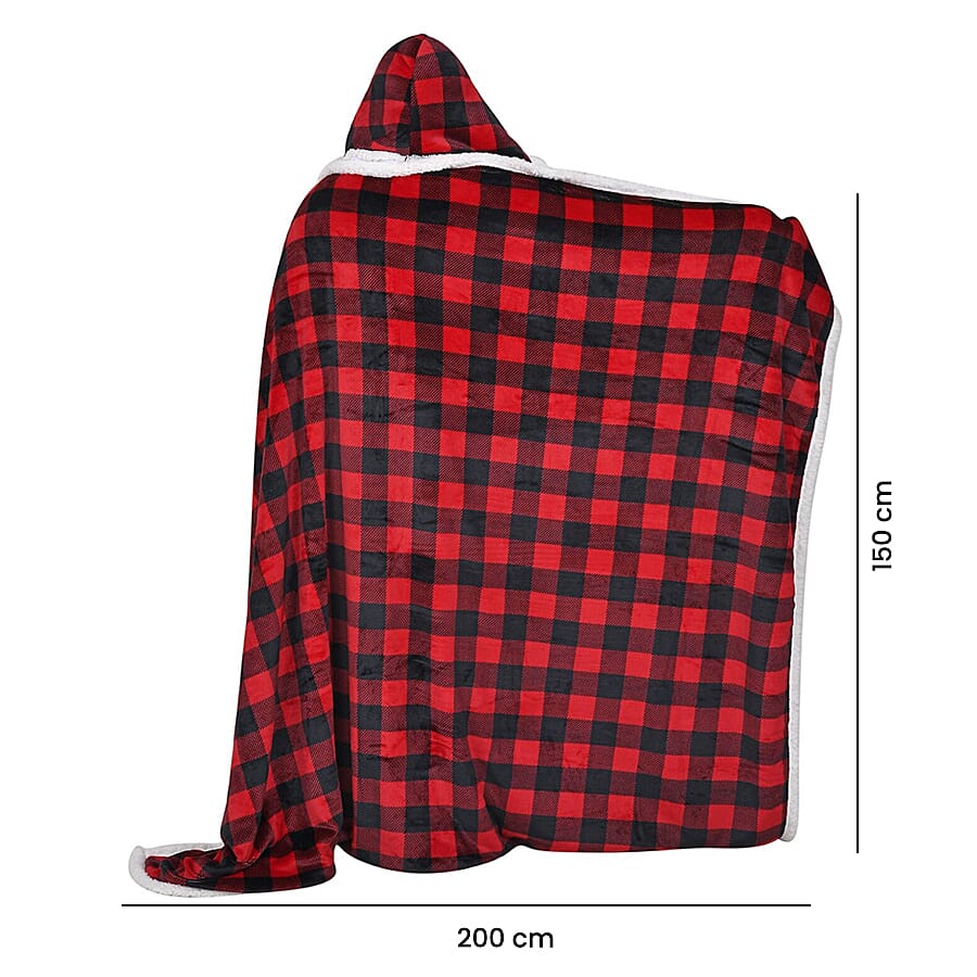 Monster Deal  Christmas Checkered Pattern Hoodie Sherpa Blanket  Red and Black