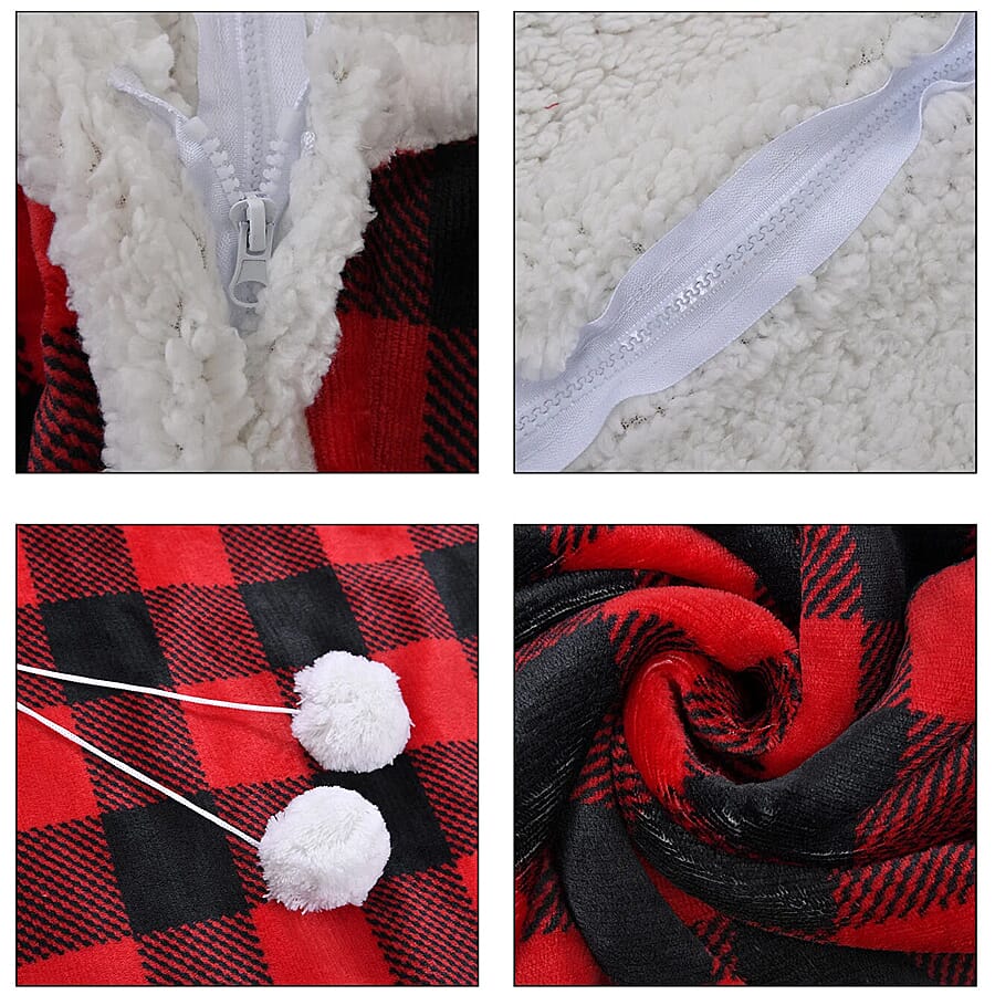 Monster Deal  Christmas Checkered Pattern Hoodie Sherpa Blanket  Red and Black