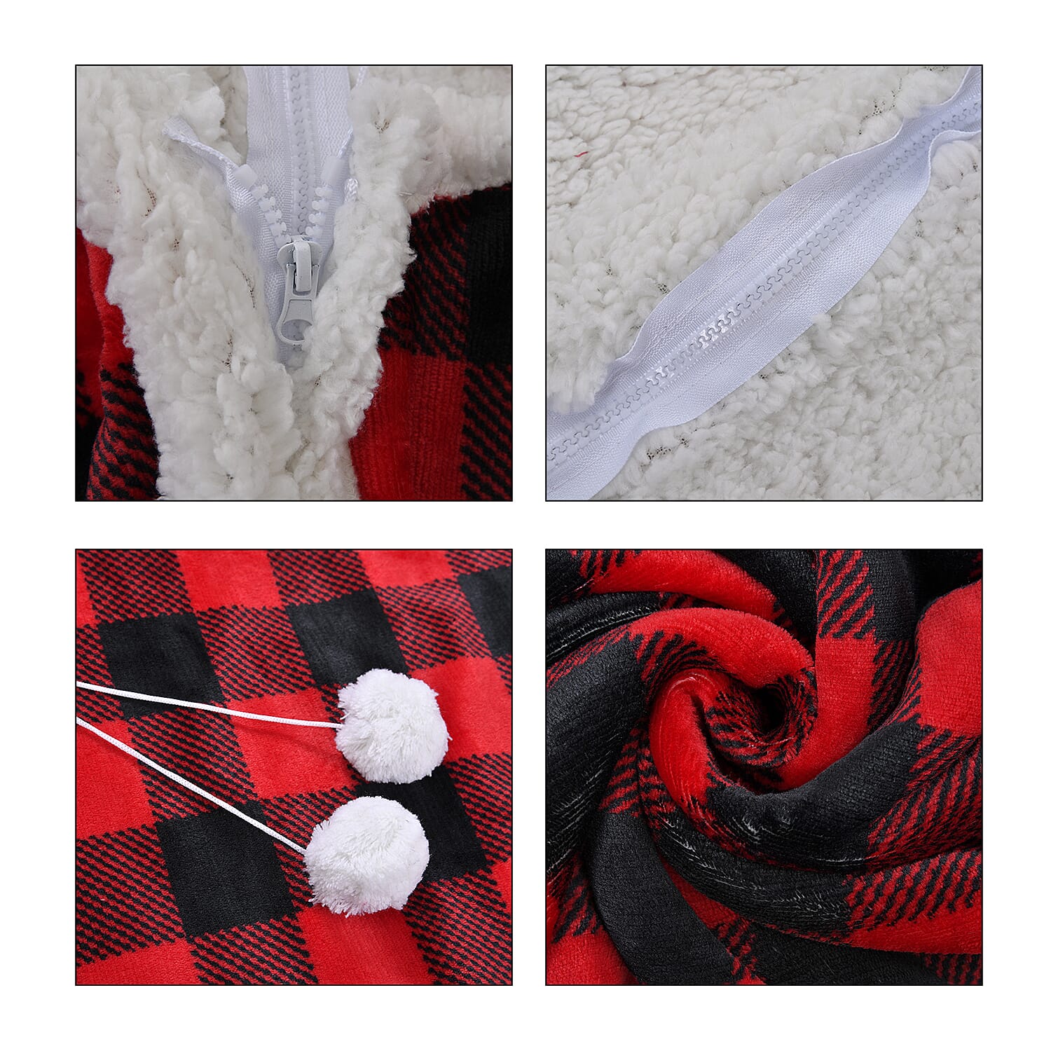 Monster Deal  Christmas Checkered Pattern Hoodie Sherpa Blanket  Red and Black