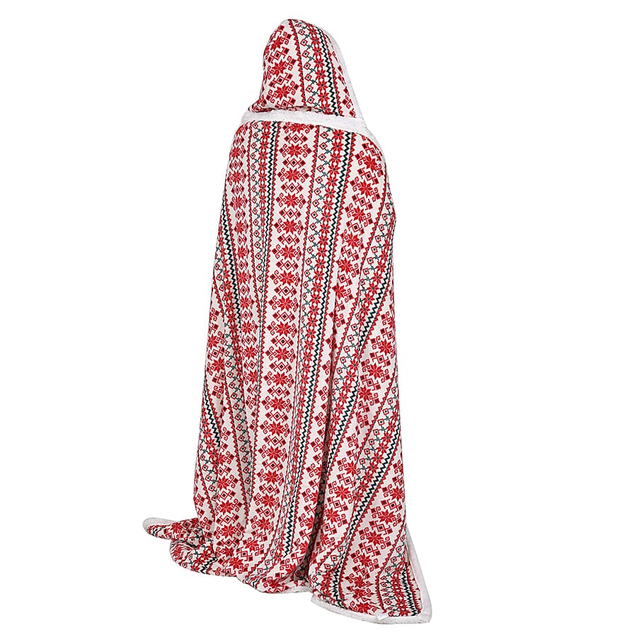 Nordic Pattern Hoodie Sherpa Blanket - Red & Green