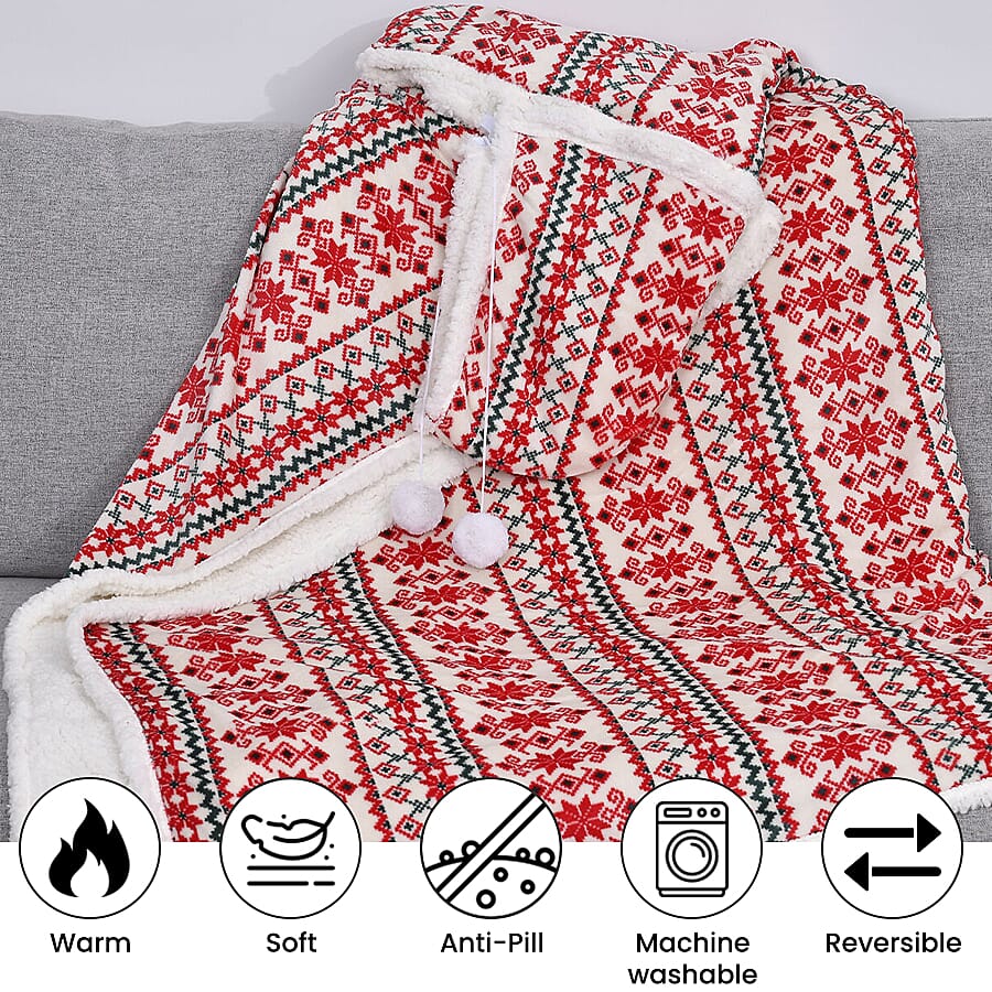 Nordic Pattern Hoodie Sherpa Blanket - Red & Green