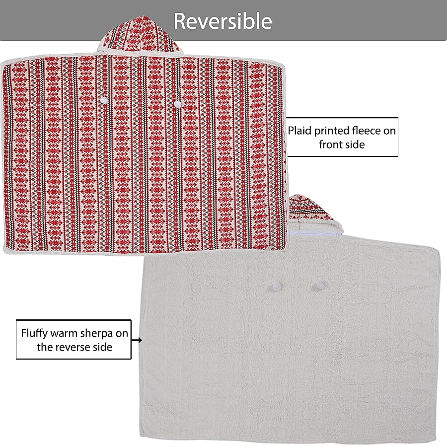 Nordic Pattern Hoodie Sherpa Blanket - Red & Green