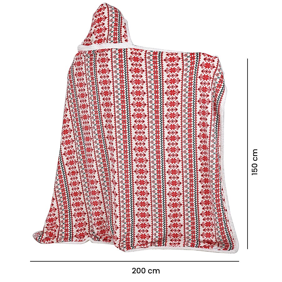 Nordic Pattern Hoodie Sherpa Blanket - Red & Green