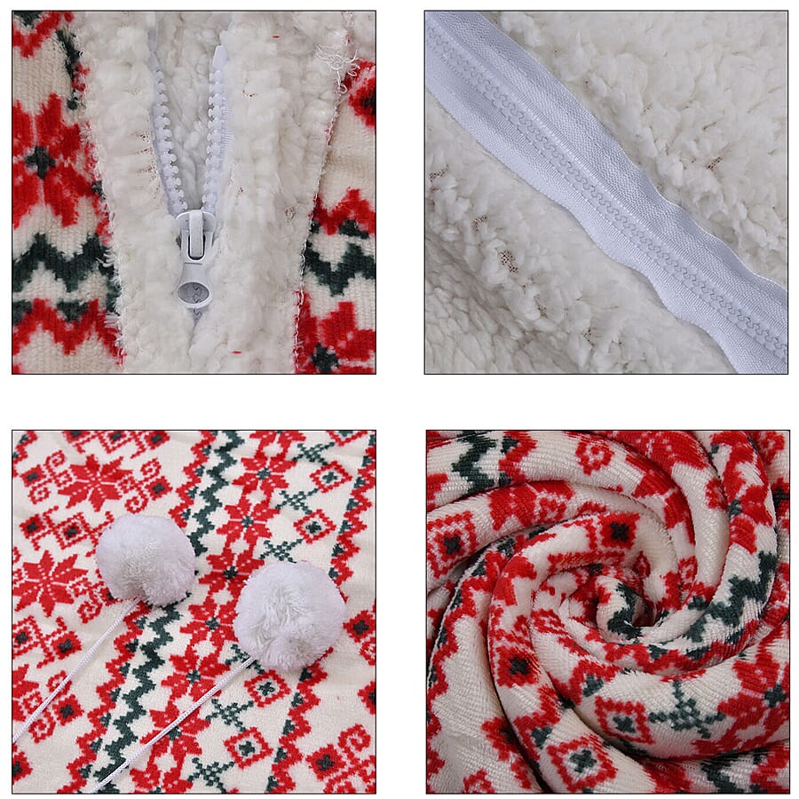 Nordic Pattern Hoodie Sherpa Blanket - Red & Green