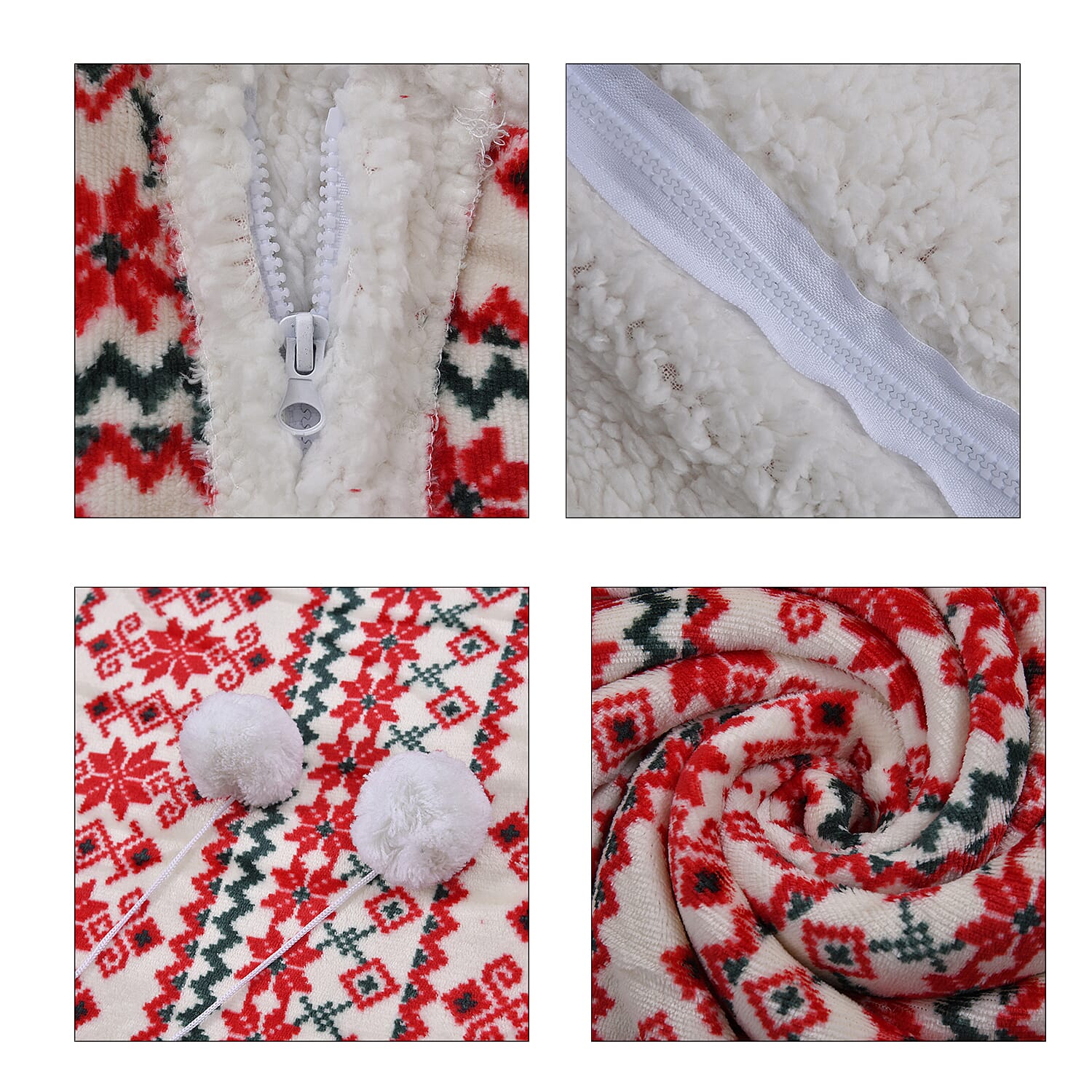 Nordic Pattern Hoodie Sherpa Blanket - Red & Green