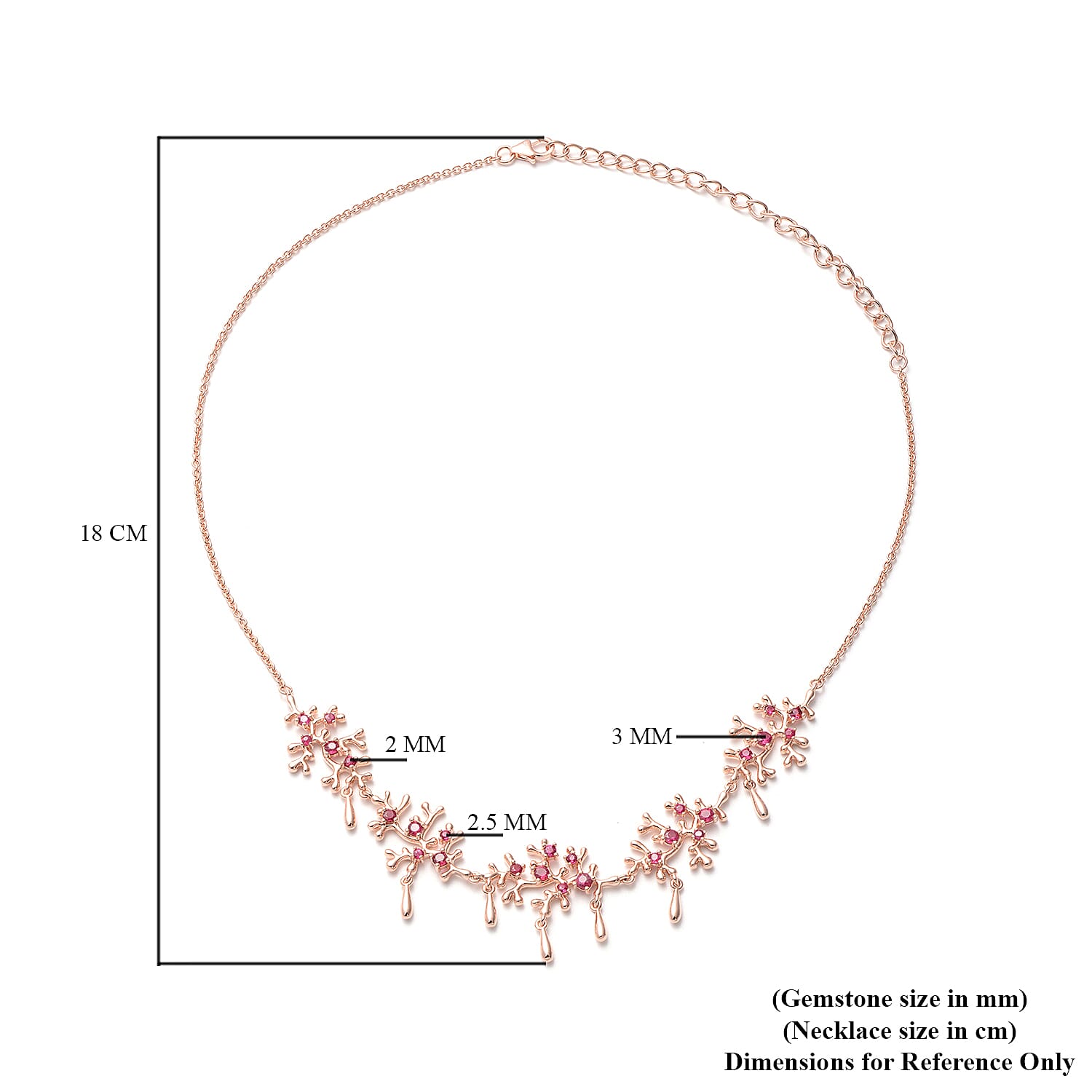 Lucy Q Splash Collection -  African Ruby (FF) Necklace (Size:16 with 4 inch Extender) in Rose Gold Overlay Sterling Silver 2.56 Ct, Silver wt. 18.40 Gms