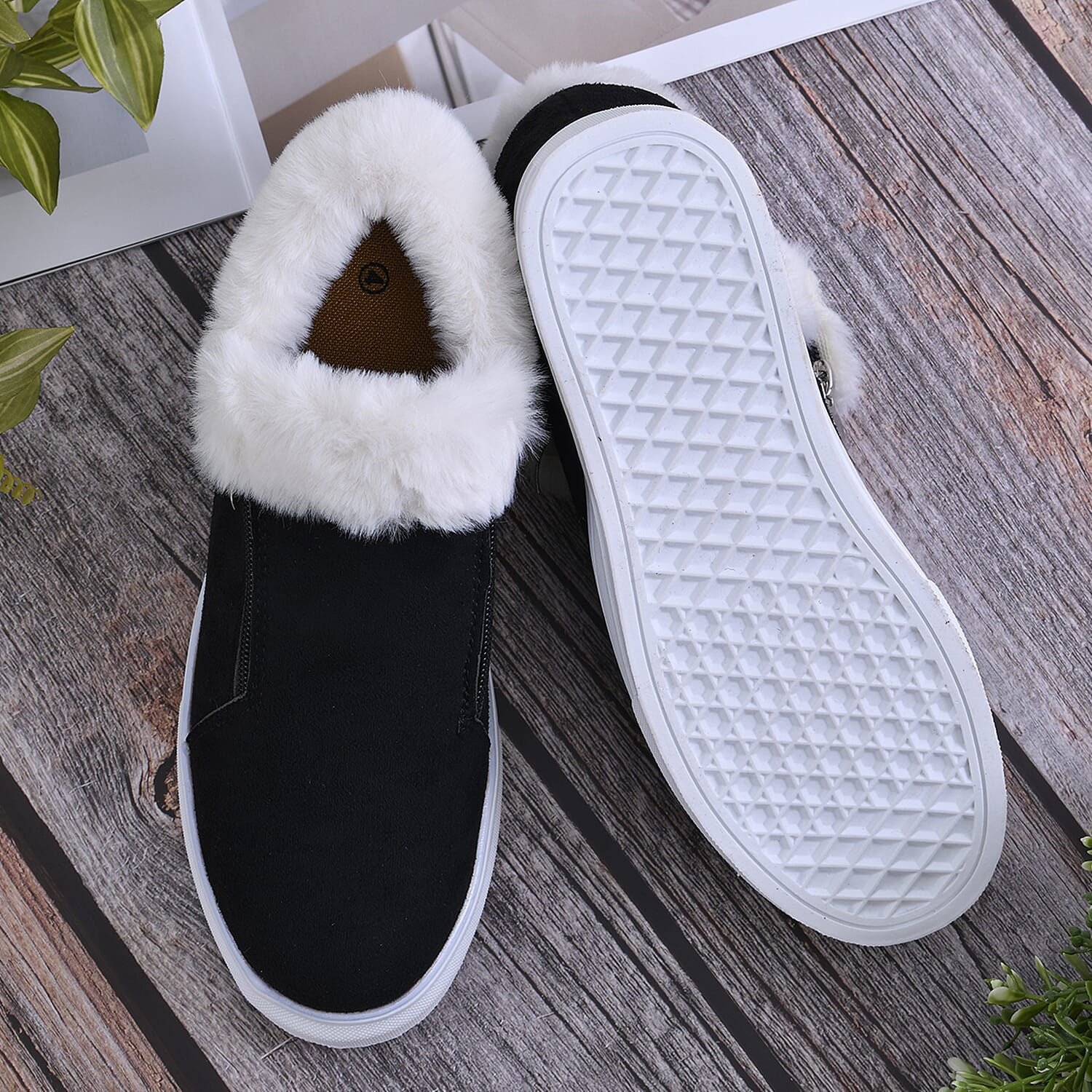 Faux Fur Wedge Trainer Boot - Black