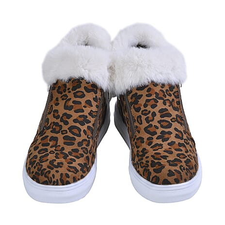 Leopard Pattern Faux Fur Wedge Trainer Boots (Size 6) - Brown