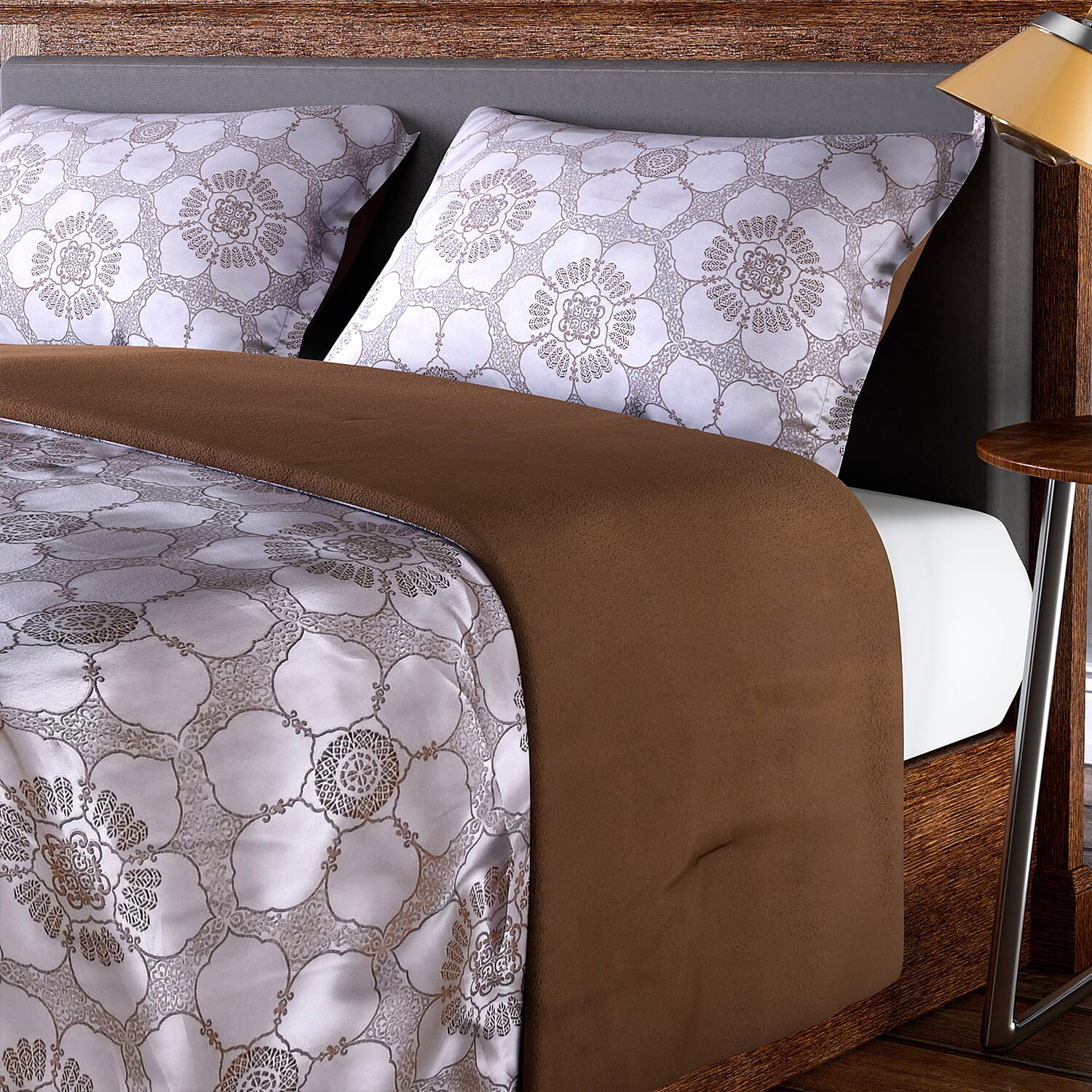 3 Piece Set - Floral Pattern Satin Jacquard 1 Comforter and 2 Pillow Case- Silver & Brown