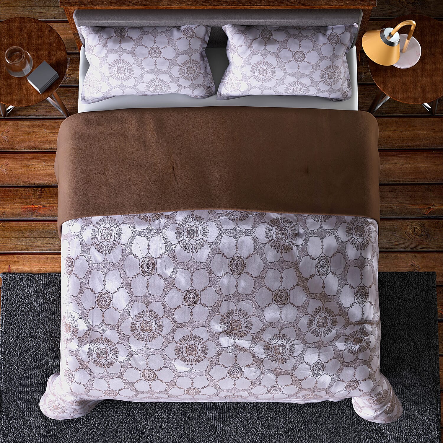 3 Piece Set - Floral Pattern Satin Jacquard 1 Comforter and 2 Pillow Case- Silver & Brown