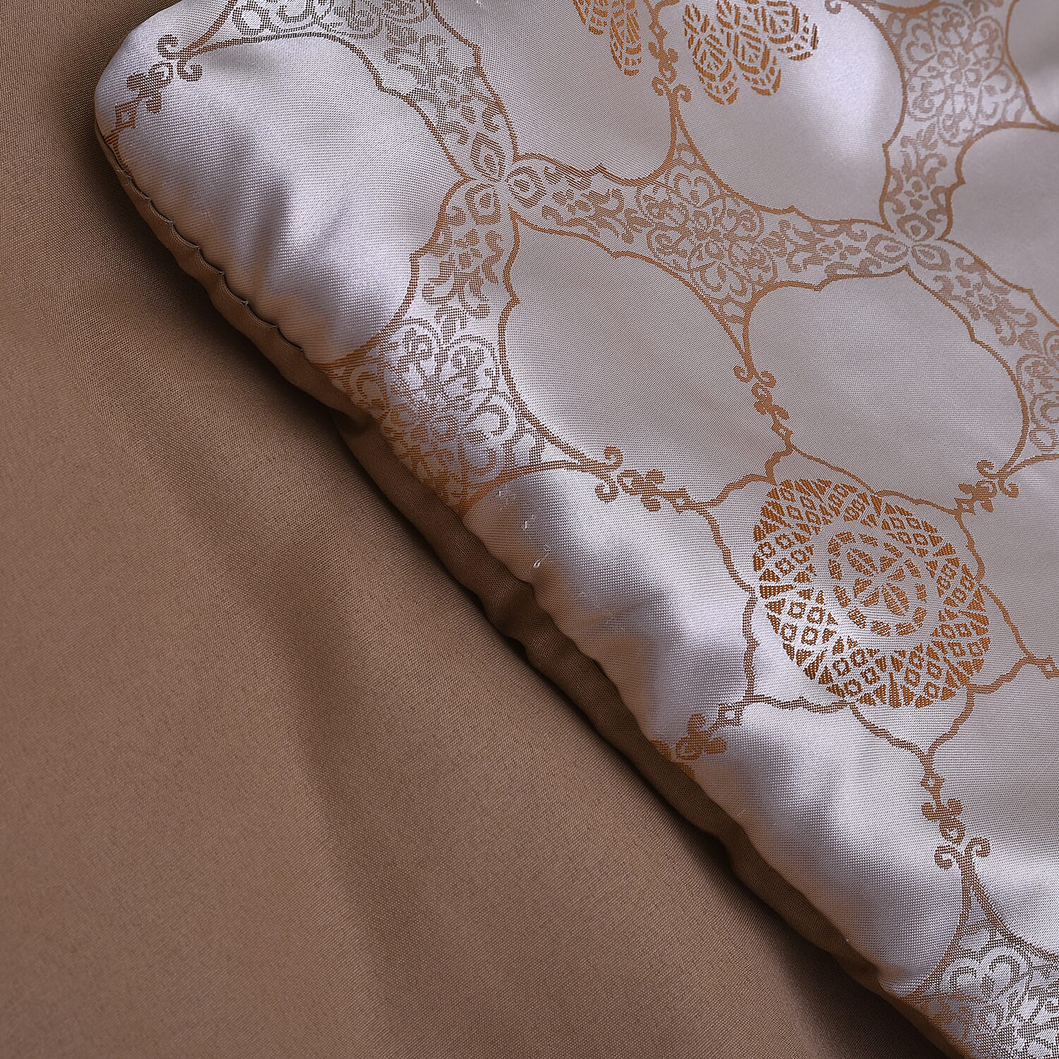 3 Piece Set - Floral Pattern Satin Jacquard 1 Comforter and 2 Pillow Case- Silver & Brown