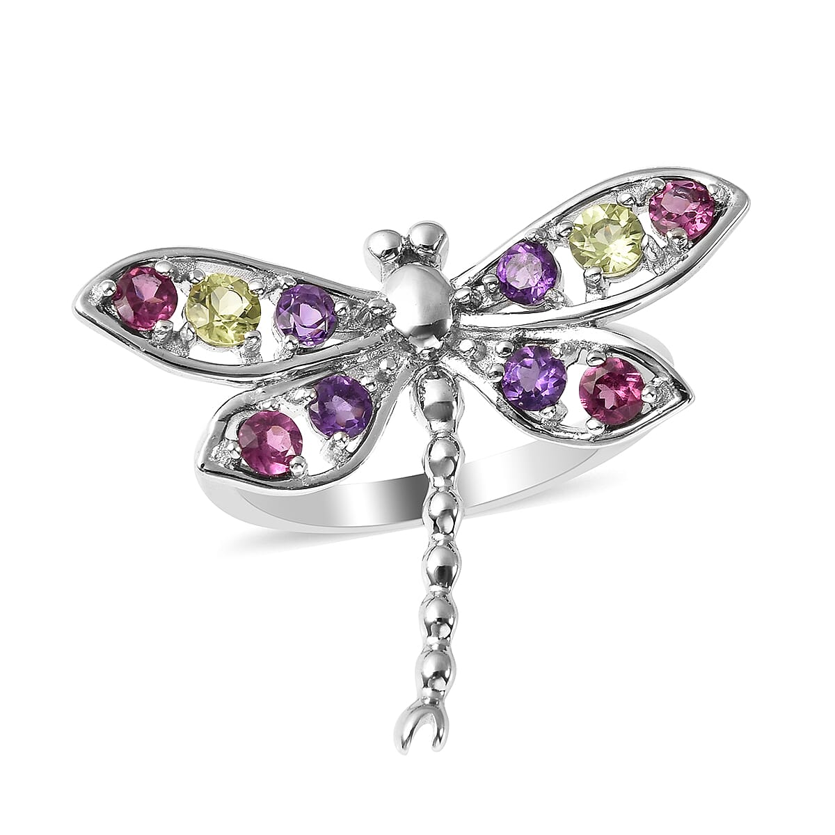 LucyQ Dragonfly Collection - Rhodolite Garnet, Natural Hebei Peridot & Amethyst Ring in Rhodium Overlay Sterling Silver