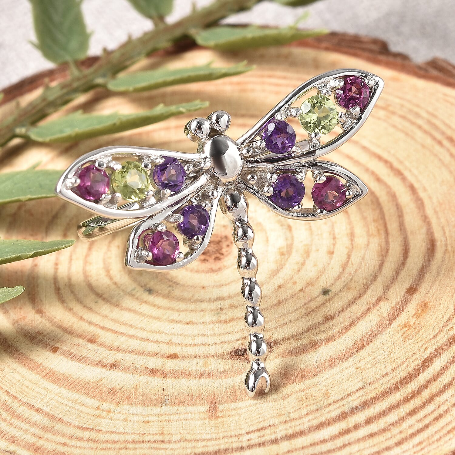 LucyQ Dragonfly Collection - Rhodolite Garnet, Natural Hebei Peridot & Amethyst Ring in Rhodium Overlay Sterling Silver